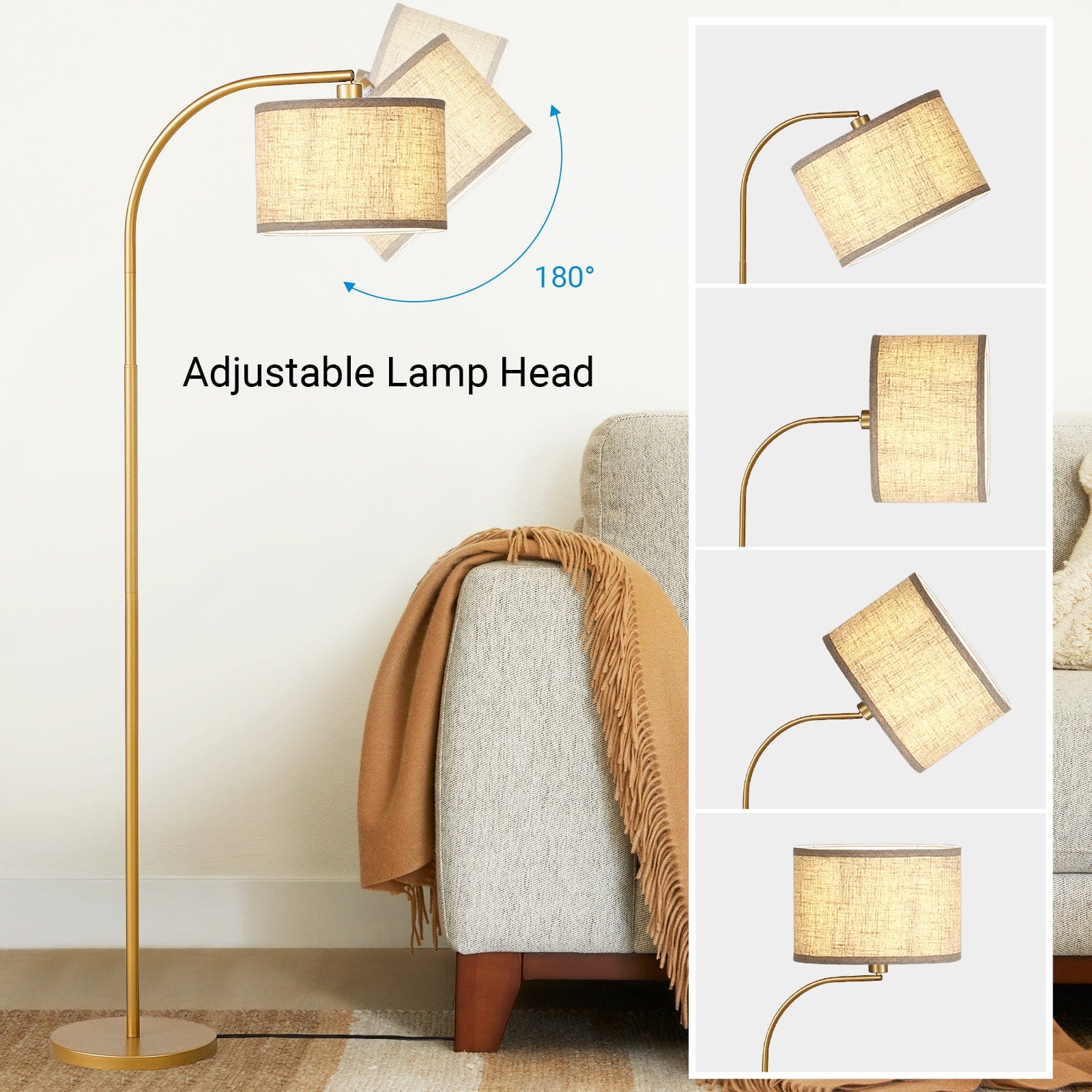 DEWENWILS Modern Gold Arched Floor Lamps with Adjustable Lampshade, Standing Tall Arc Lamp, Corner Reading Light for Living Room, Bedroom, Office, Simple Design Farmhouse Style (Gold)-HLFL04F