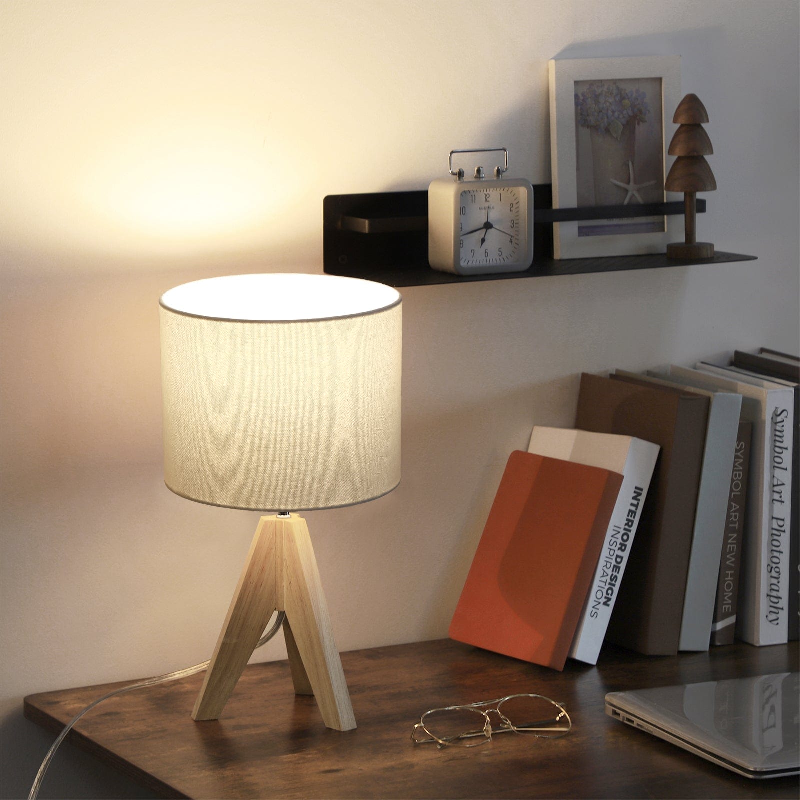 DEWENWILS 14.2 inches Bedside Table Lamp, Wood Tripod Nightstand Lamp with Linen Fabric Shade, Small Bedroom Lamp for Nightstand, Nursery, Kids Room, College Dorm, Coffee Table, Bookcase-F1HLTL05F