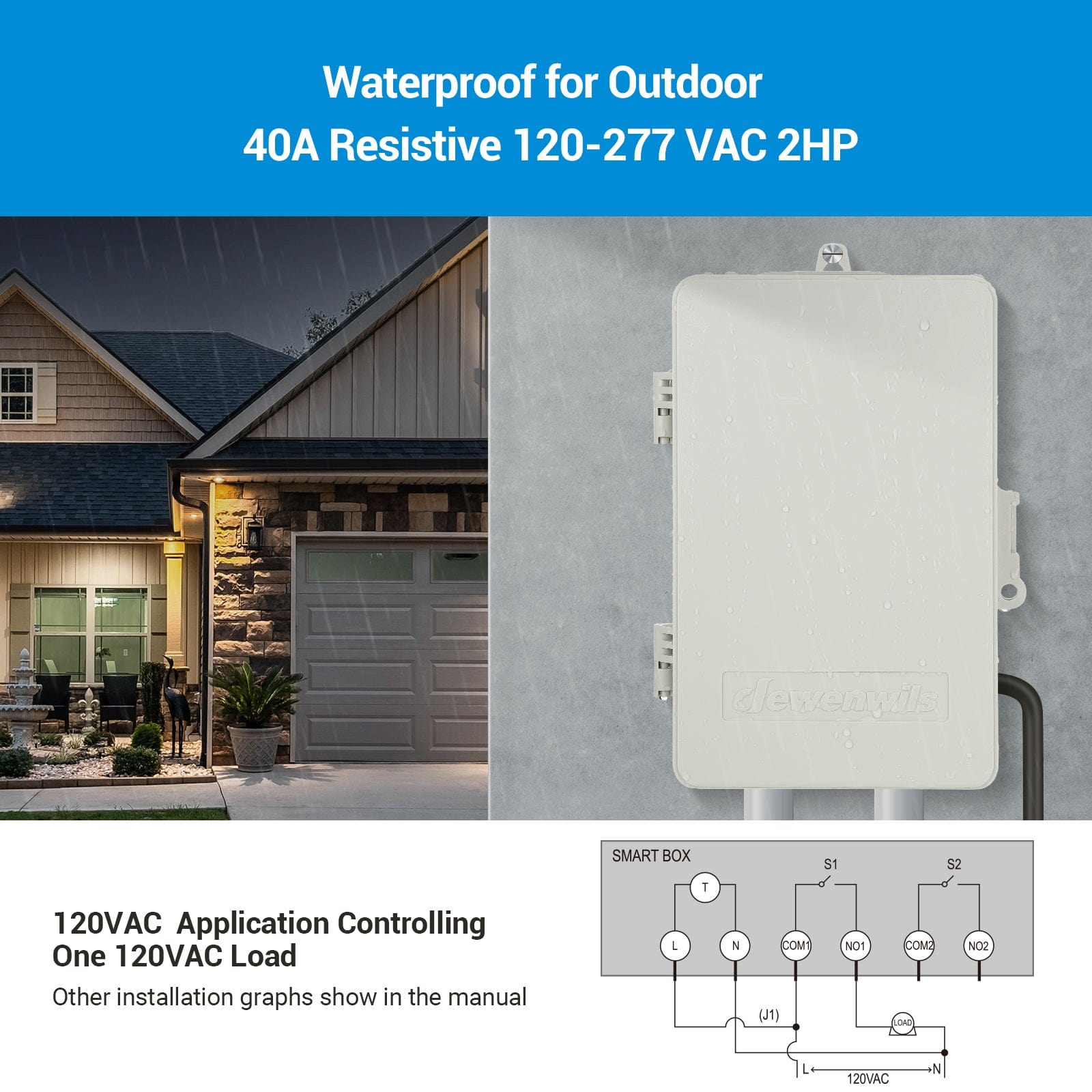 DEWENWILS pool timer: Waterproof outdoor design with a heavy-duty 40A resistive rating. Supports 120-277 VAC and up to 2HP for powerful equipment control.