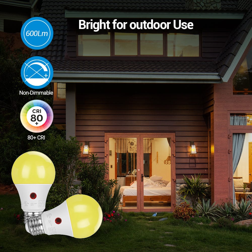 DEWENWILS 4-Pack Yellow Outdoor Light Bulbs, 2000K Amber Glow, Dusk to Dawn Sensor, A19 Yellow Light Bulbs, 9W(60W Equivalent), 600LM, E26 Medium Screw Base, LED Security Bulbs for Porch-HLBA19E