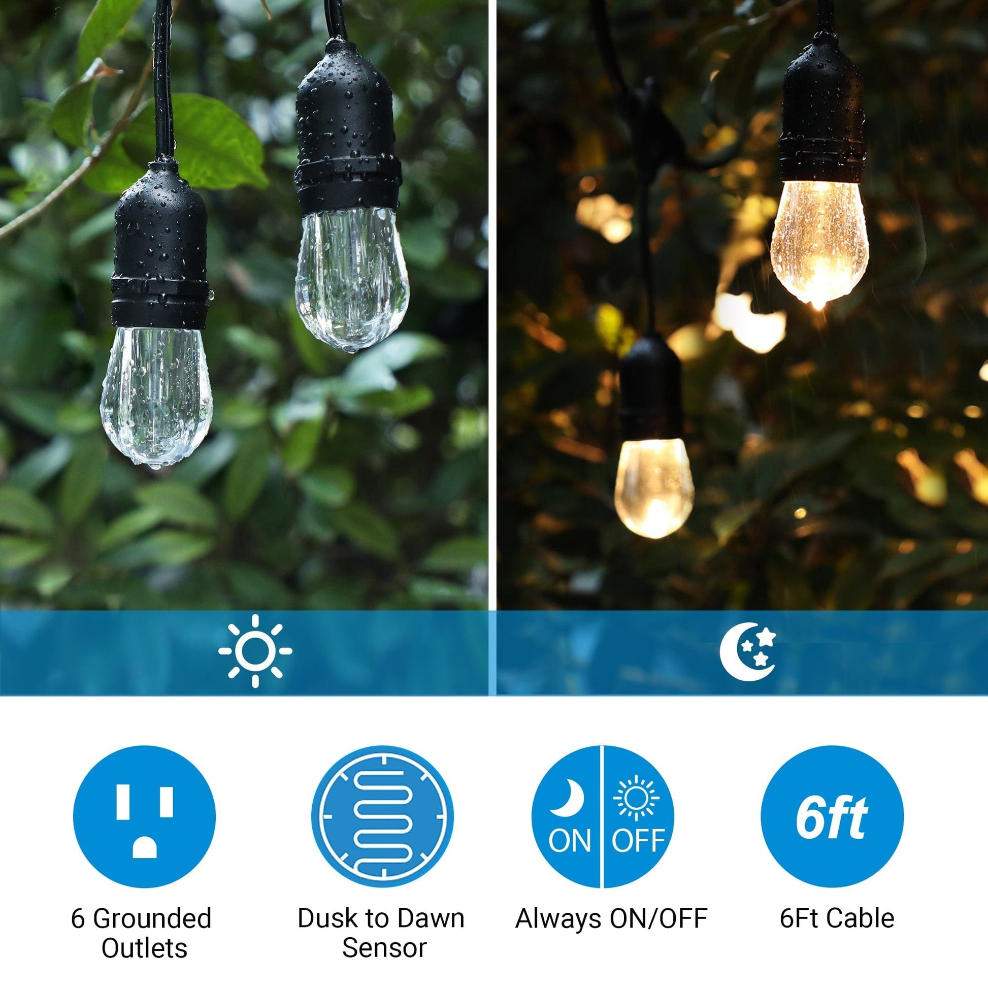 Outdoor Power Stake with Timer: Features 6 grounded outlets, a dusk-to-dawn sensor, Always ON/OFF override modes, and a 6FT cable.