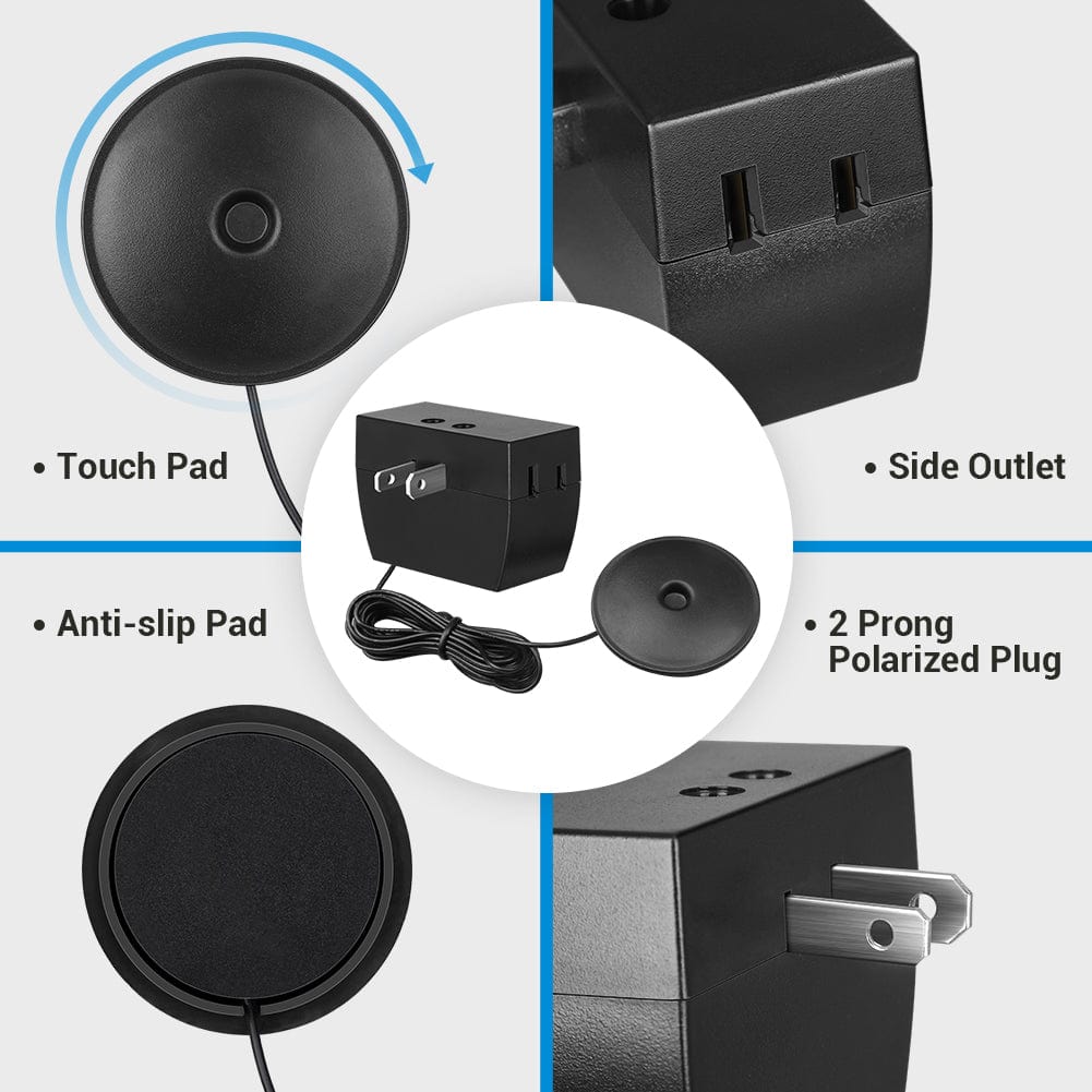 Dimmer switch features a touch pad with an anti-slip base, side outlet, and 2-prong polarized plug, offering easy 3-level control for up to 75W LED bulbs