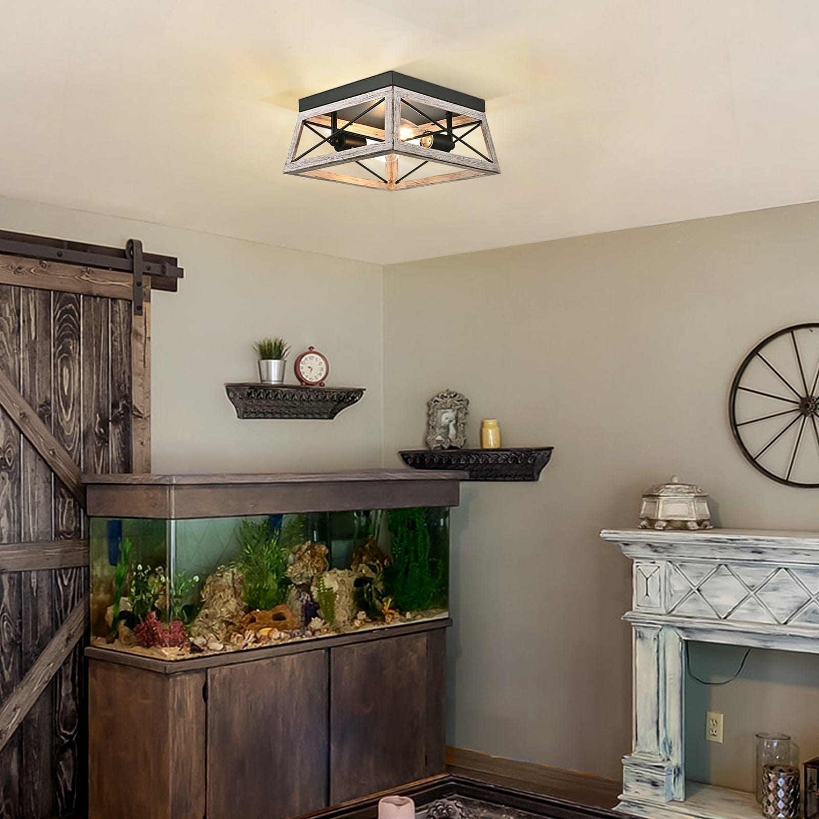 DEWENWILS Farmhouse Flush Mount Ceiling Light, Metal Ceiling Light Fixture with Wood Grain Finish, 2-Lights Hallway Light Fixture Ceiling Mount for Entryway, Foyer, Dining Room-HFCL02C