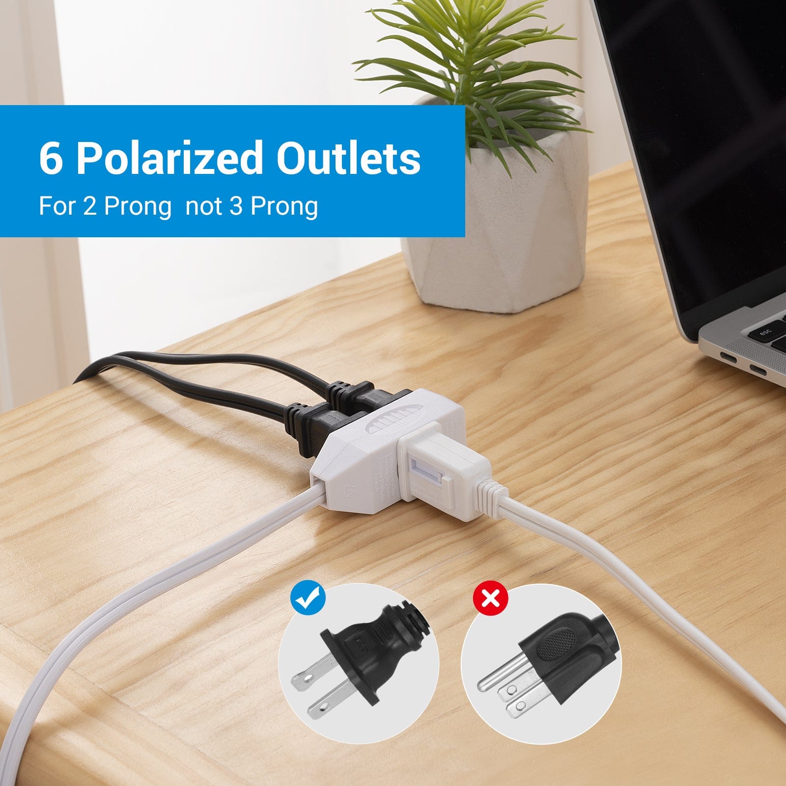 DEWENWILS 12ft Indoor Twin Extension Cord , Flat, Split Double Extension Cord, 6 Polarized Outlets with Safety Cover (2 Pack)-HICW62B