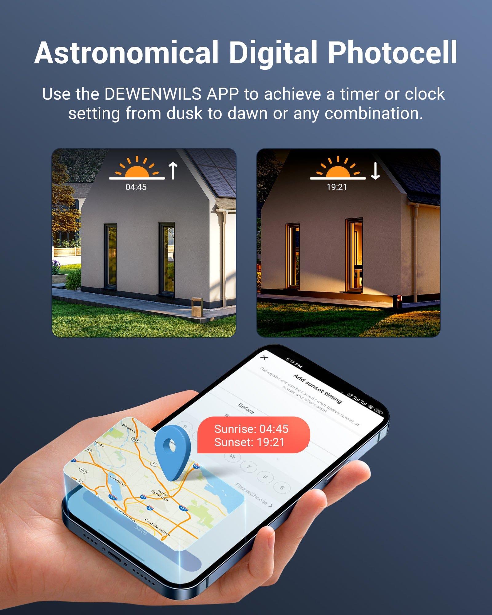 DEWENWILS 200W Low Voltage Transformer with astronomical digital photocell, allowing timer or dusk-to-dawn settings via the DEWENWILS app for customized outdoor lighting control