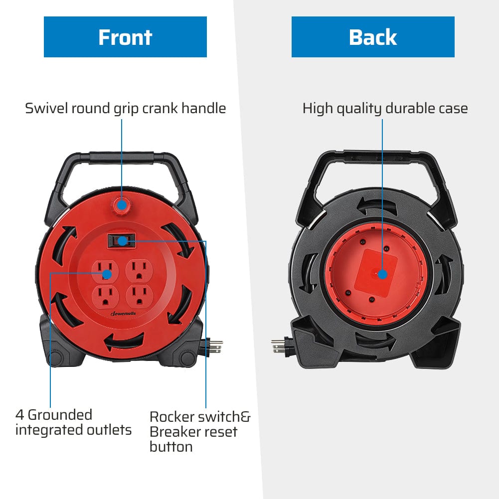 30ft extension cord reel with swivel round grip crank handle, durable case, four grounded outlets, and rocker switch with breaker reset.