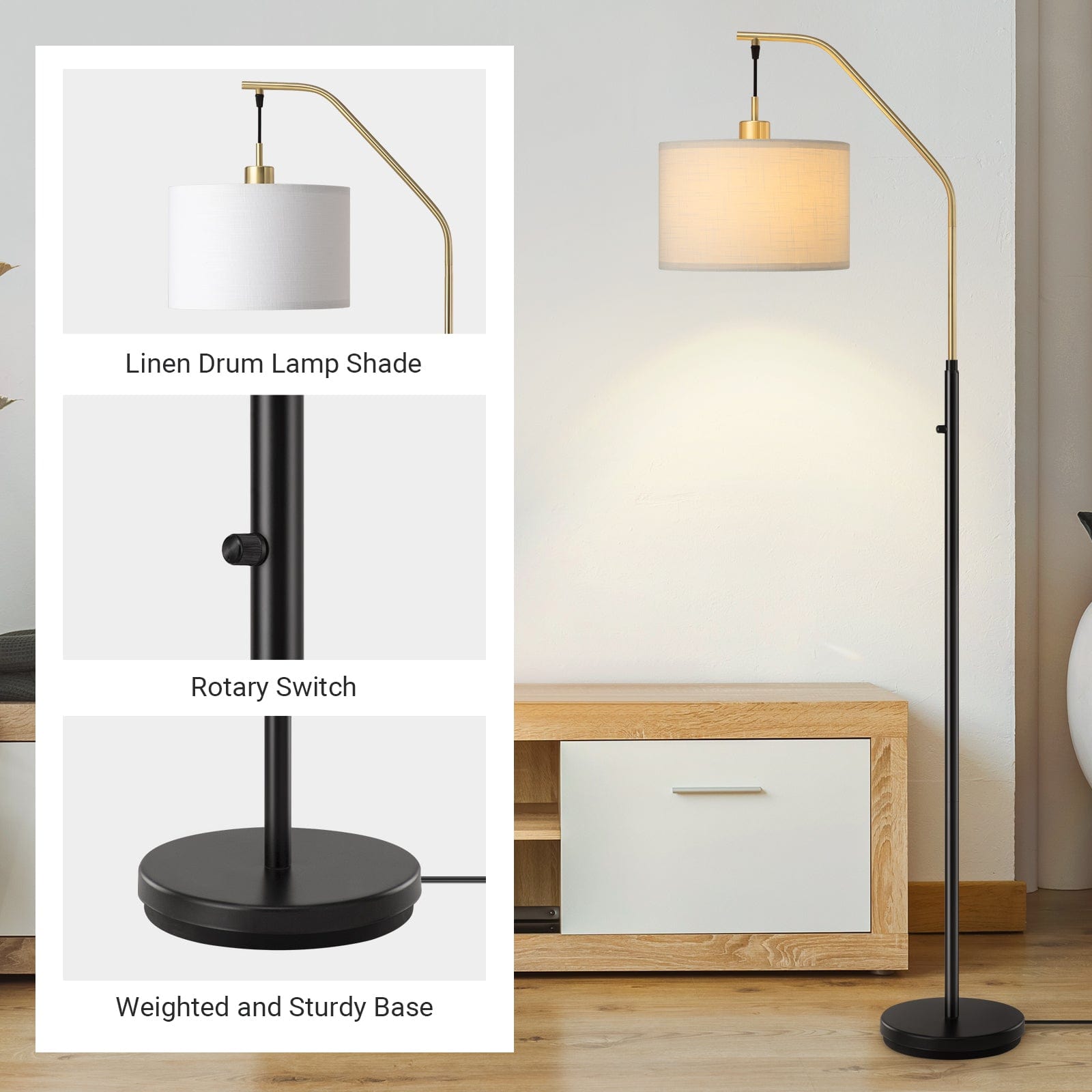 DEWENWILS Modern Gold Arched Floor Lamp, Stepless Dimmable Standing Tall Light with Hanging Shade, Corner Arc Reading Lamp for Living Room, Bedroom, Office, Bright 10W LED Bulb Included (Gold)-HLFL04L