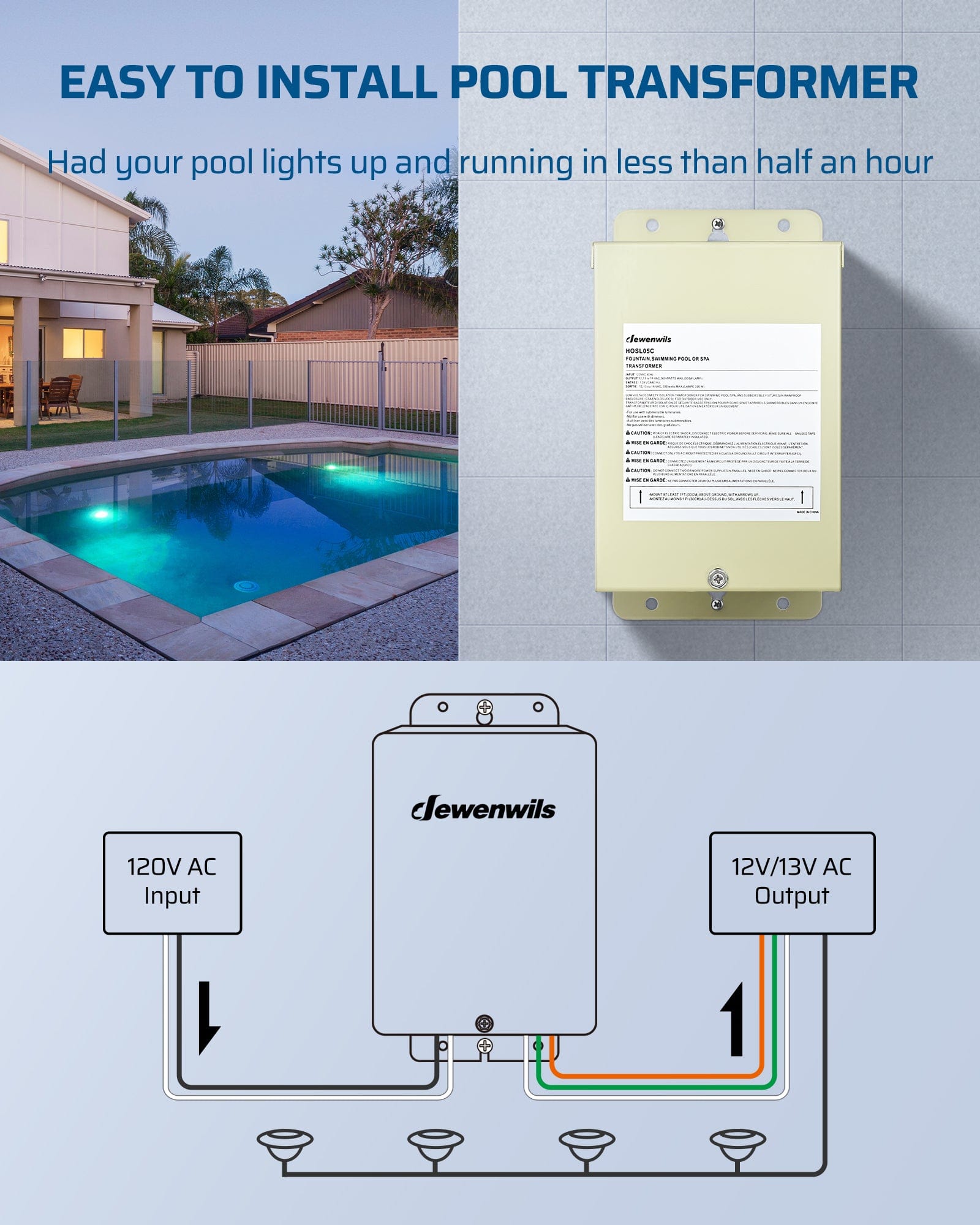 DEWENWILS 300W Low Voltage Transformer, easy-to-install pool transformer, get your pool lights up and running in under 30 minutes