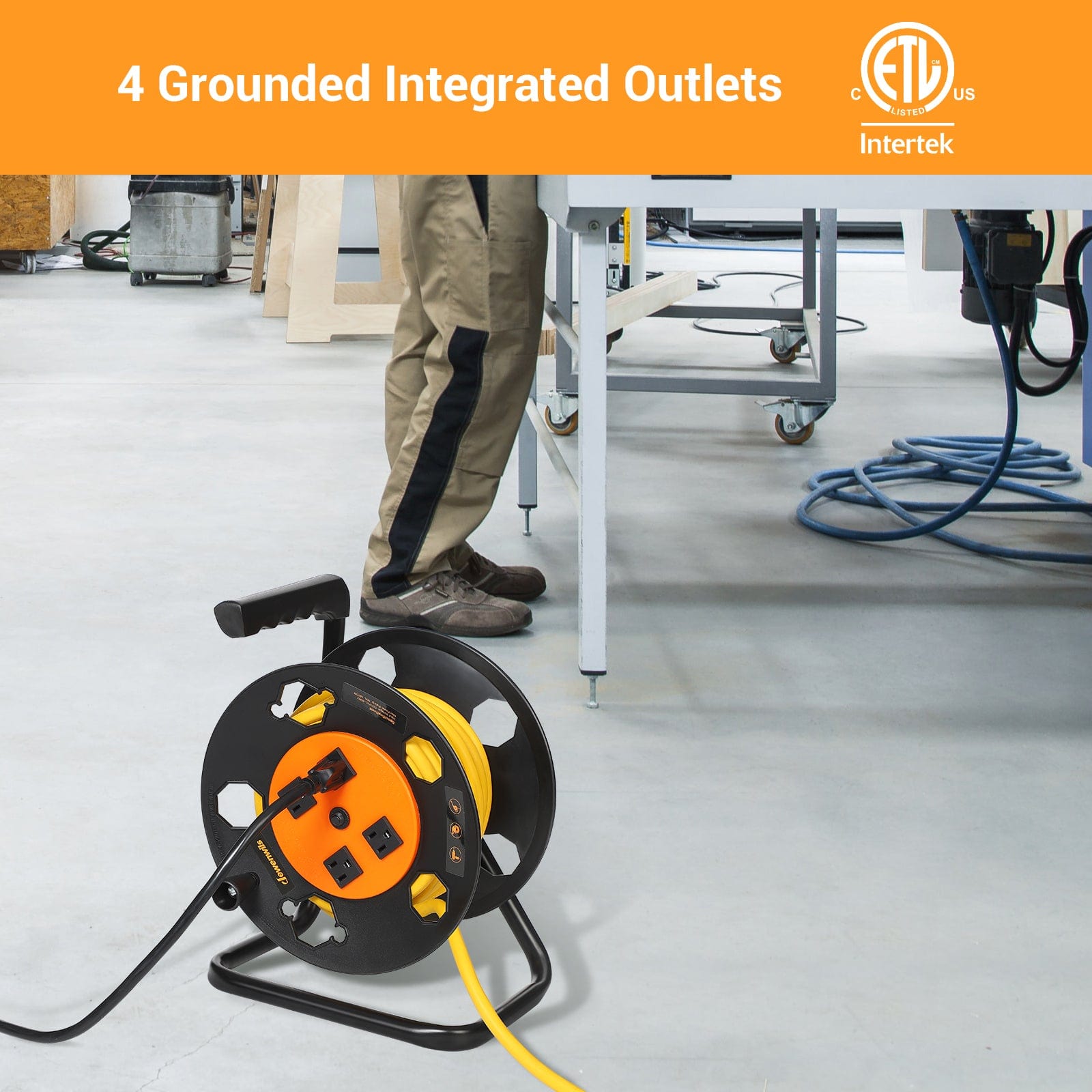 Extension Cord Storage Reel: Features 4 grounded integrated outlets, 15A/1875W rating, winding handle, and safety circuit breaker with reset button for secure storage