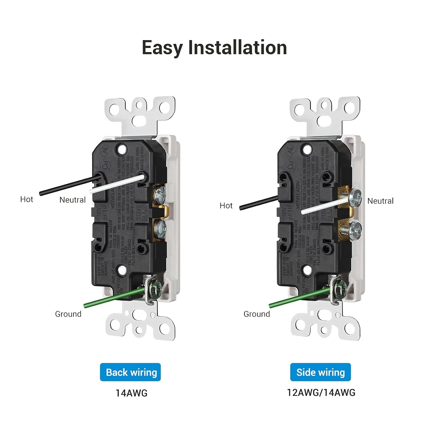 Wall Outlet: Easy installation with clearly labeled hot, neutral, and ground terminals, supports back wiring for 14AWG and side wiring for 12–14AWG for safe and flexible setup