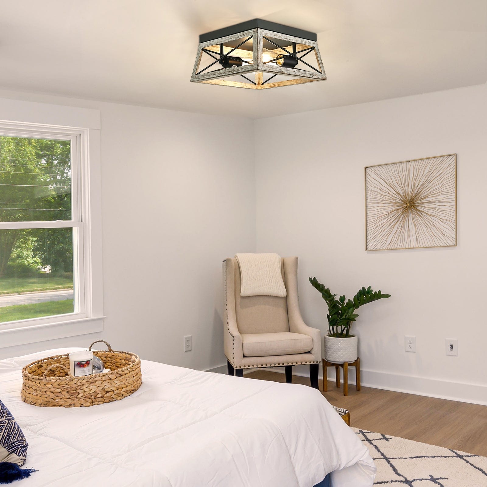 DEWENWILS Farmhouse Flush Mount Ceiling Light, Metal Ceiling Light Fixture with Wood Grain Finish, 2-Lights Hallway Light Fixture Ceiling Mount for Entryway, Foyer, Dining Room-HFCL02C