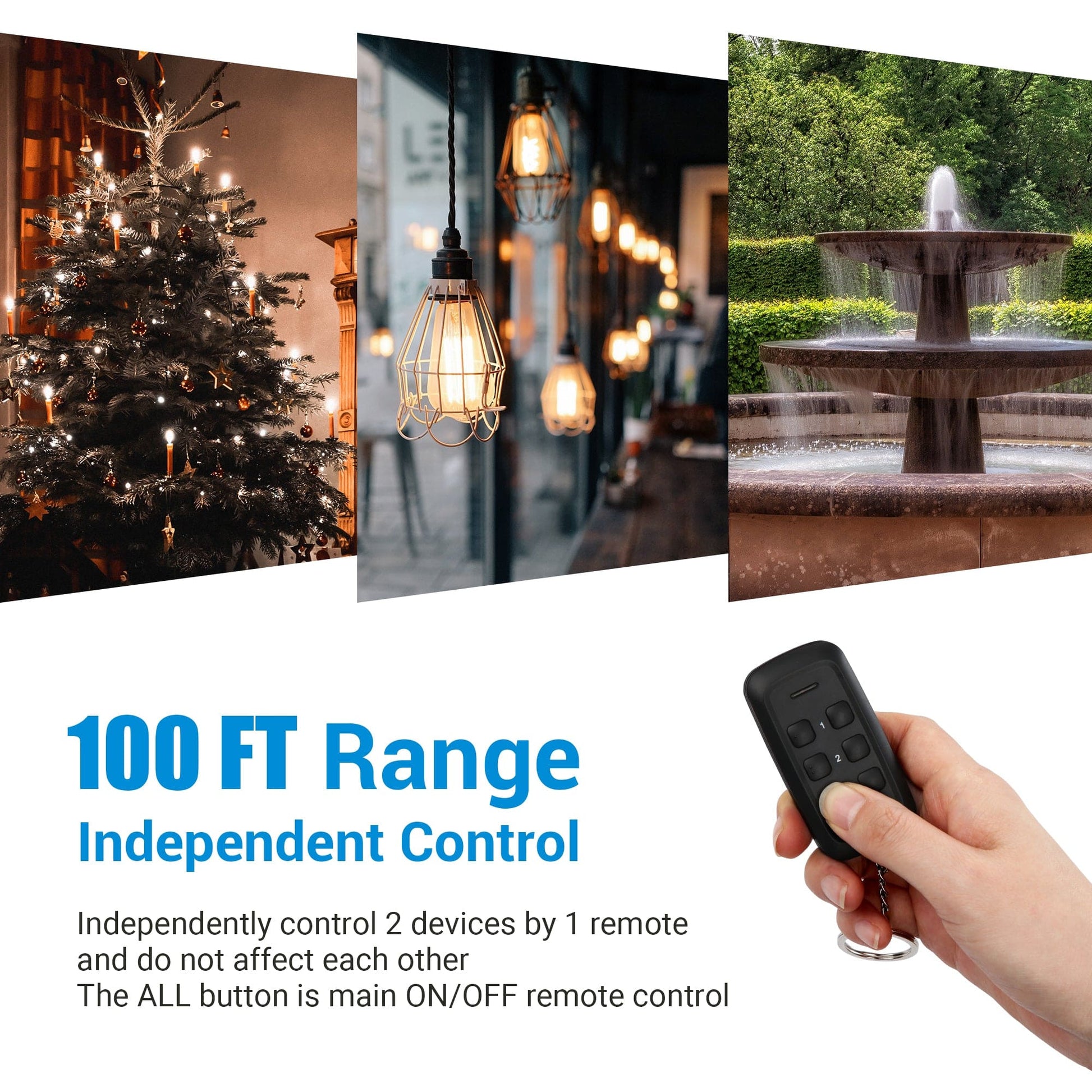Outdoor Remote Control Outlet: 100ft RF range with independent dual-device control via one remote, plus ALL button for master ON/OFF functionality