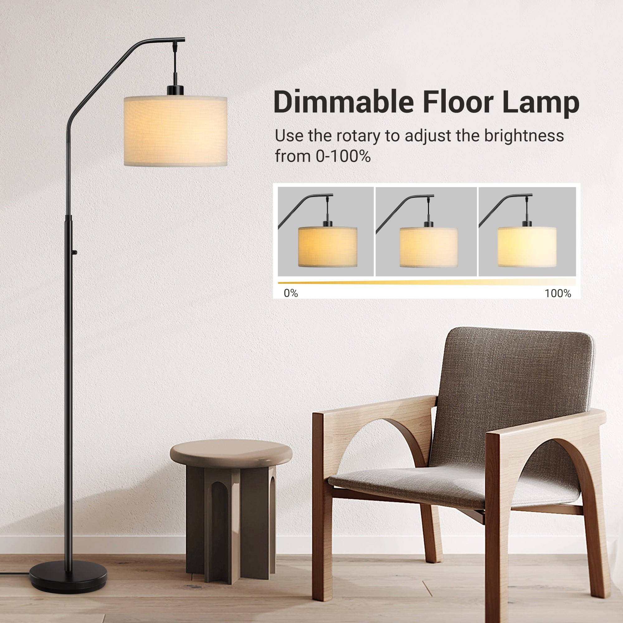 DEWENWILS Black Arched Floor Lamp, Stepless Dimmable Corner Light with Hanging Lampshade, Standing Tall Arc Lamp for Living Room, Bedroom, Office, 10W 3000K LED Bulb Included (Black)-HLFL04D1