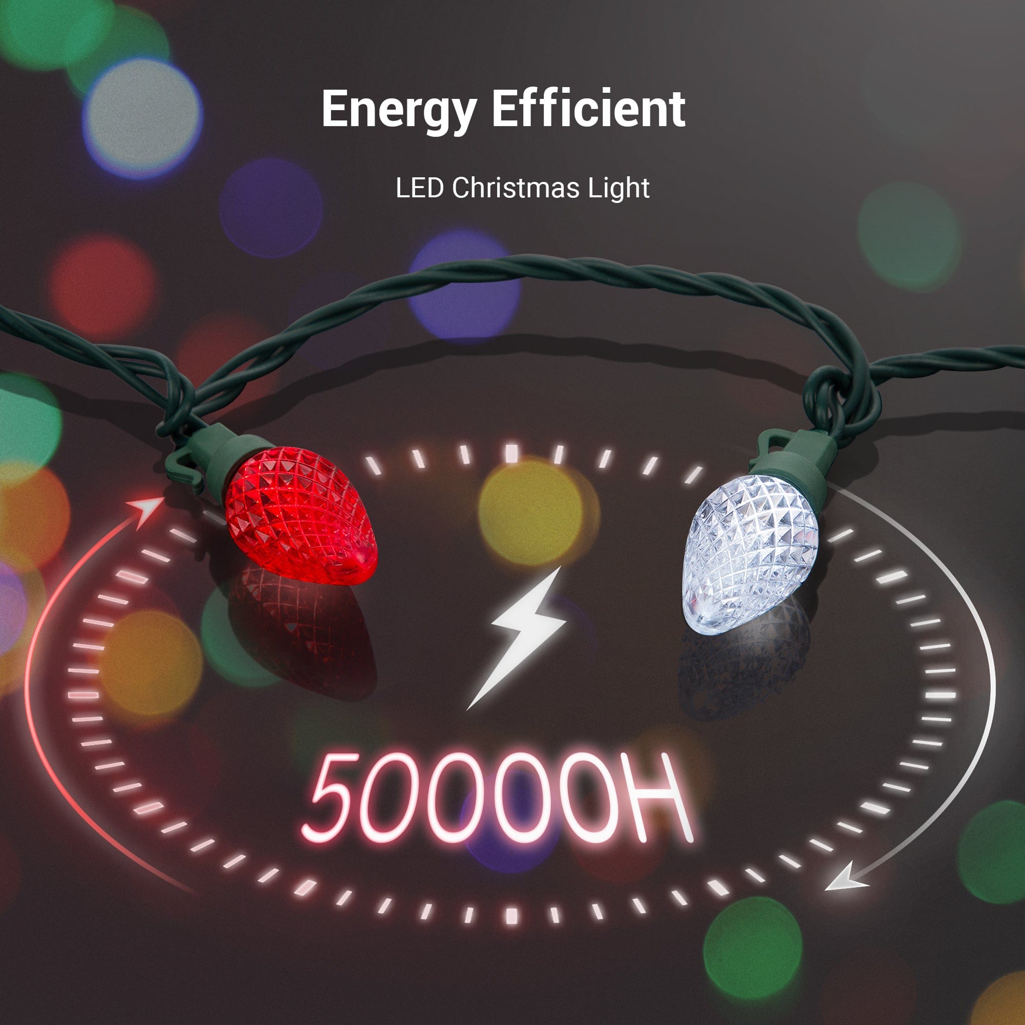 DEWENWILS C7 LED Christmas Lights Outdoor, 33.3ft 50LED Christmas String Lights, Outdoor Decorations for Christmas Tree, Patio, Garden, Yard, Green Wire, Red & White-HCSL01W