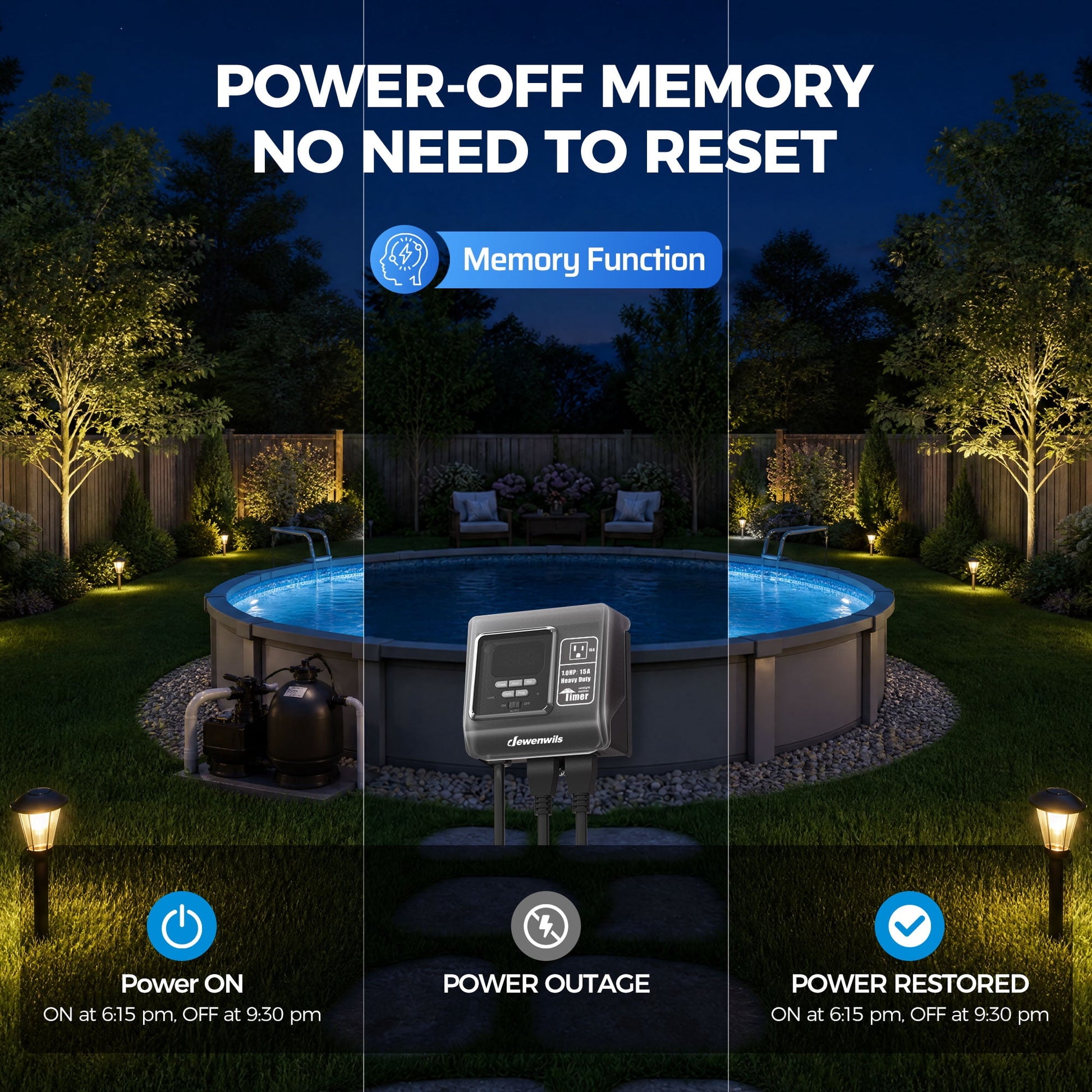 DEWENWILS 7-Day Digital Pool Timer, Twist-Lock NEMA 5-15R Plug-In Outdoor Timer, 16 ON/OFF Programs, 15A 120V 1HP Heavy Duty Weatherproof Timer for Pool Pumps, Heaters, Lights, Memory Backup