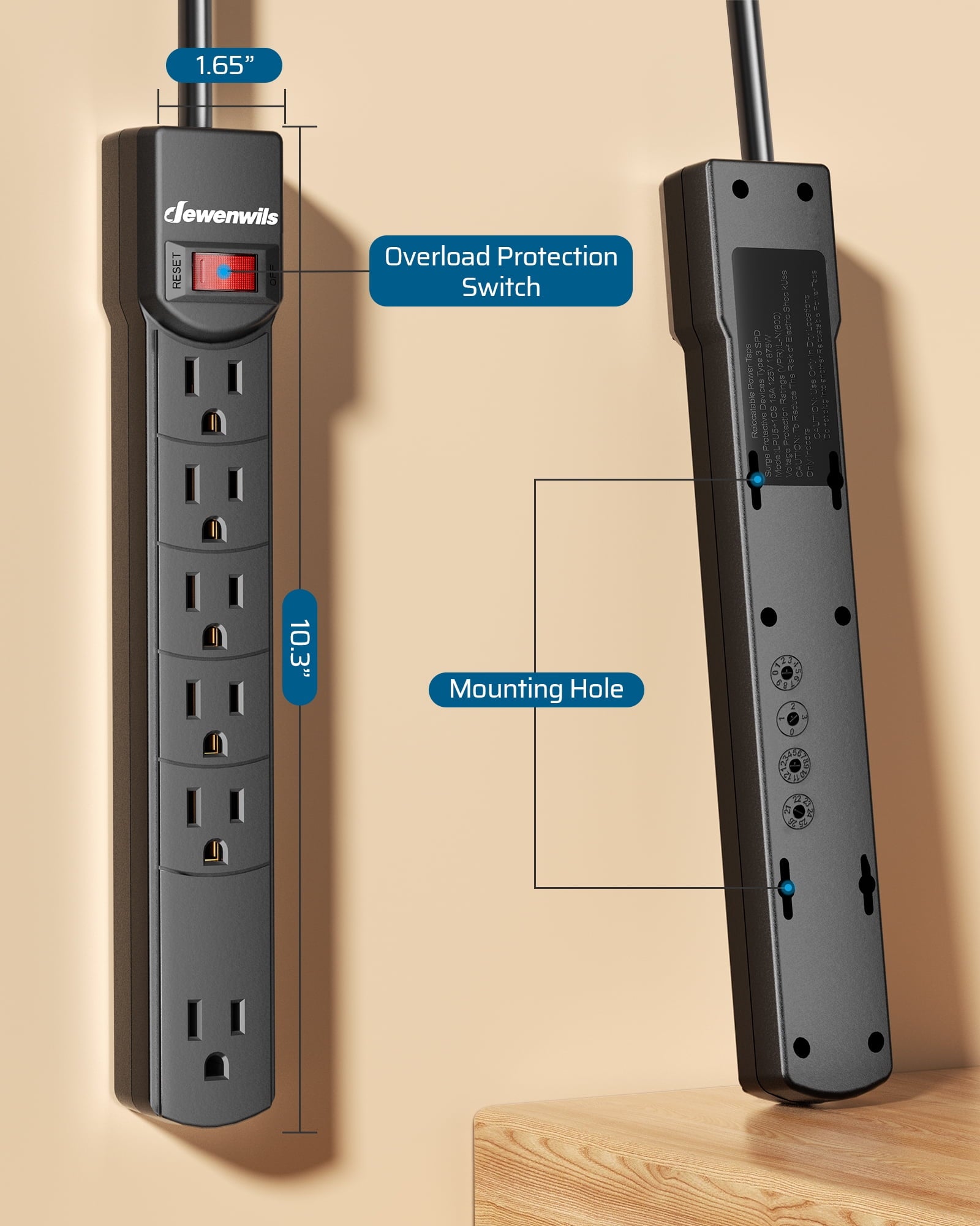 DEWENWILS 2Pack 15A 125V Surge Protector Power Strip – 6ft SJT Cord, 300J Protection, 360° Flat Plug ETL Certified, Black