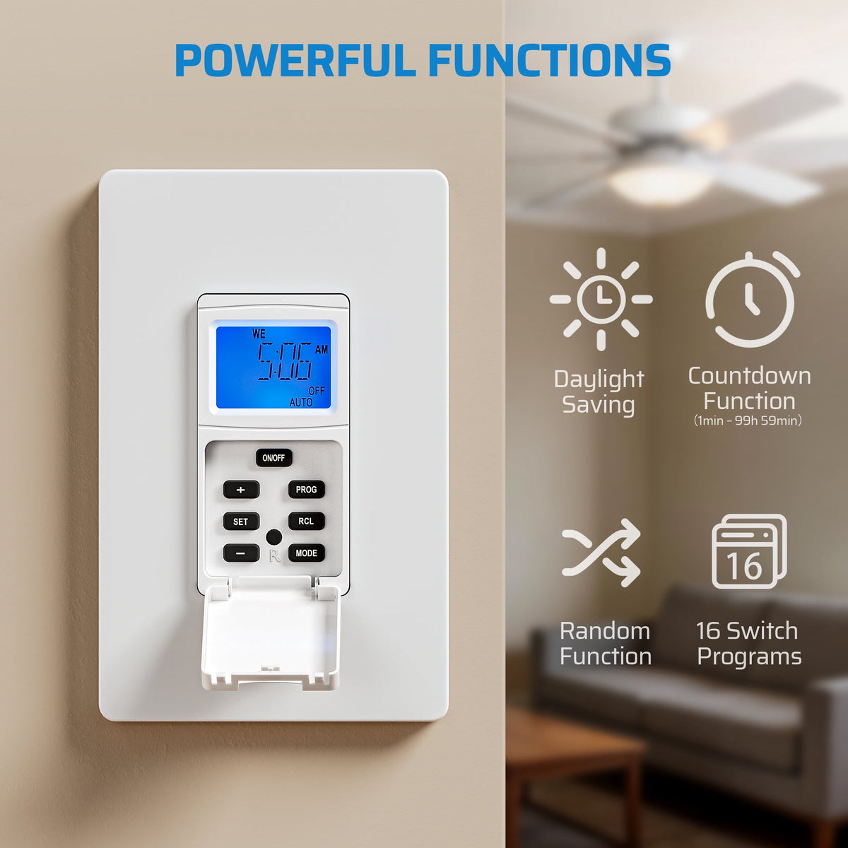 DEWENWILS Programmable In-Wall Digital Timer Switch, 16-On/Off Programs, Countdown (1min-99h59min) & Random & DST, Single-Pole/3-Way, Neutral Wire Required, ETL Listed, White
