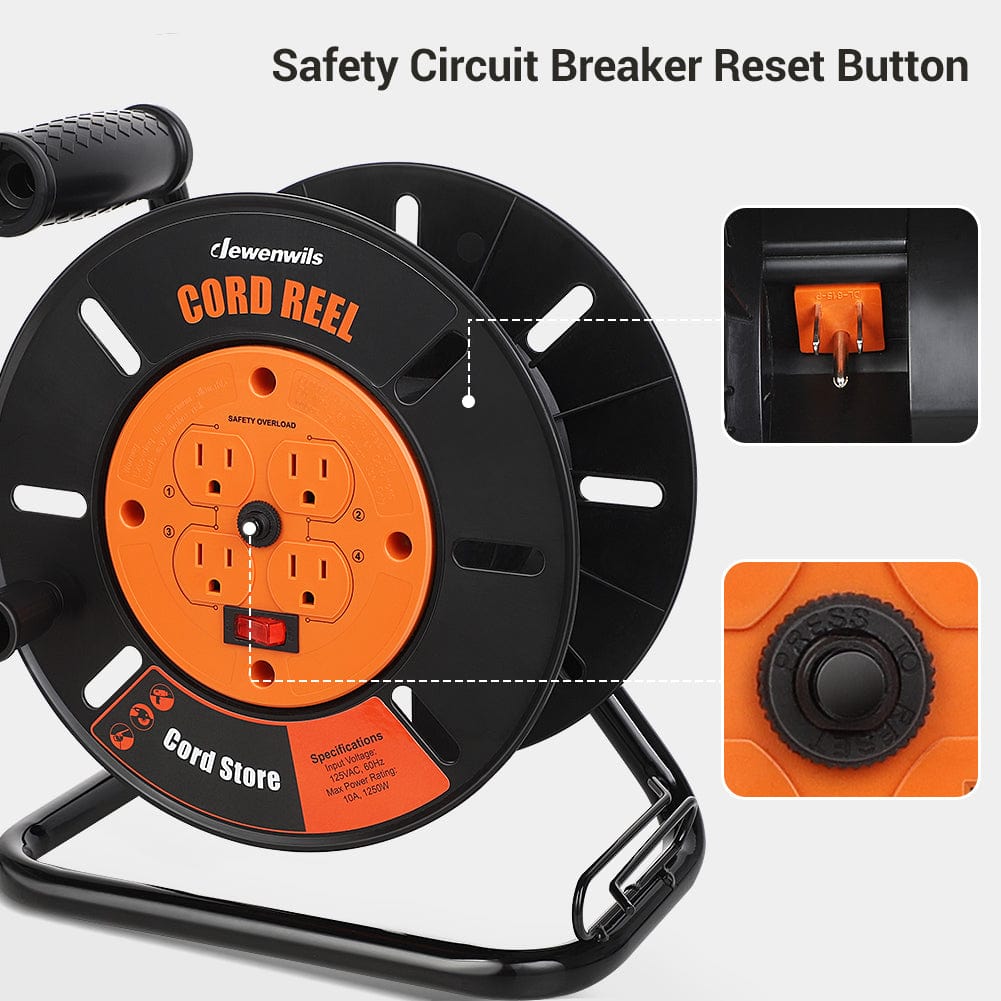 Extension Cord Storage Reel: Features 4 grounded integrated outlets, a manual winding handle, and a 10A safety circuit breaker with a reset button for protection.