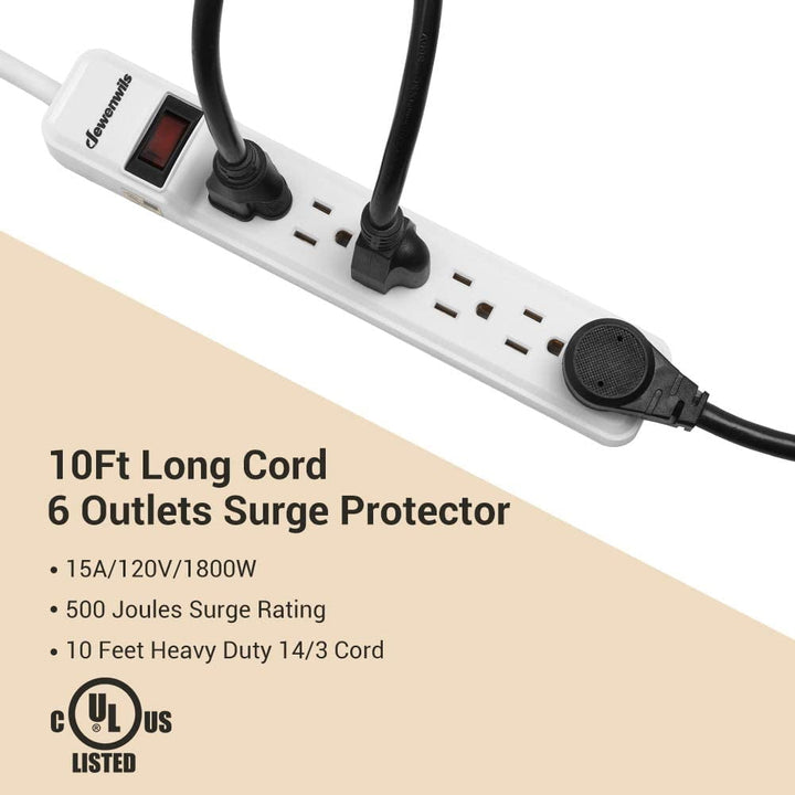 DEWENWILS 6-Outlet Surge Protector Power Strip with 10ft Long Extension Cord, Low Profile Flat Plug, 500 J, White