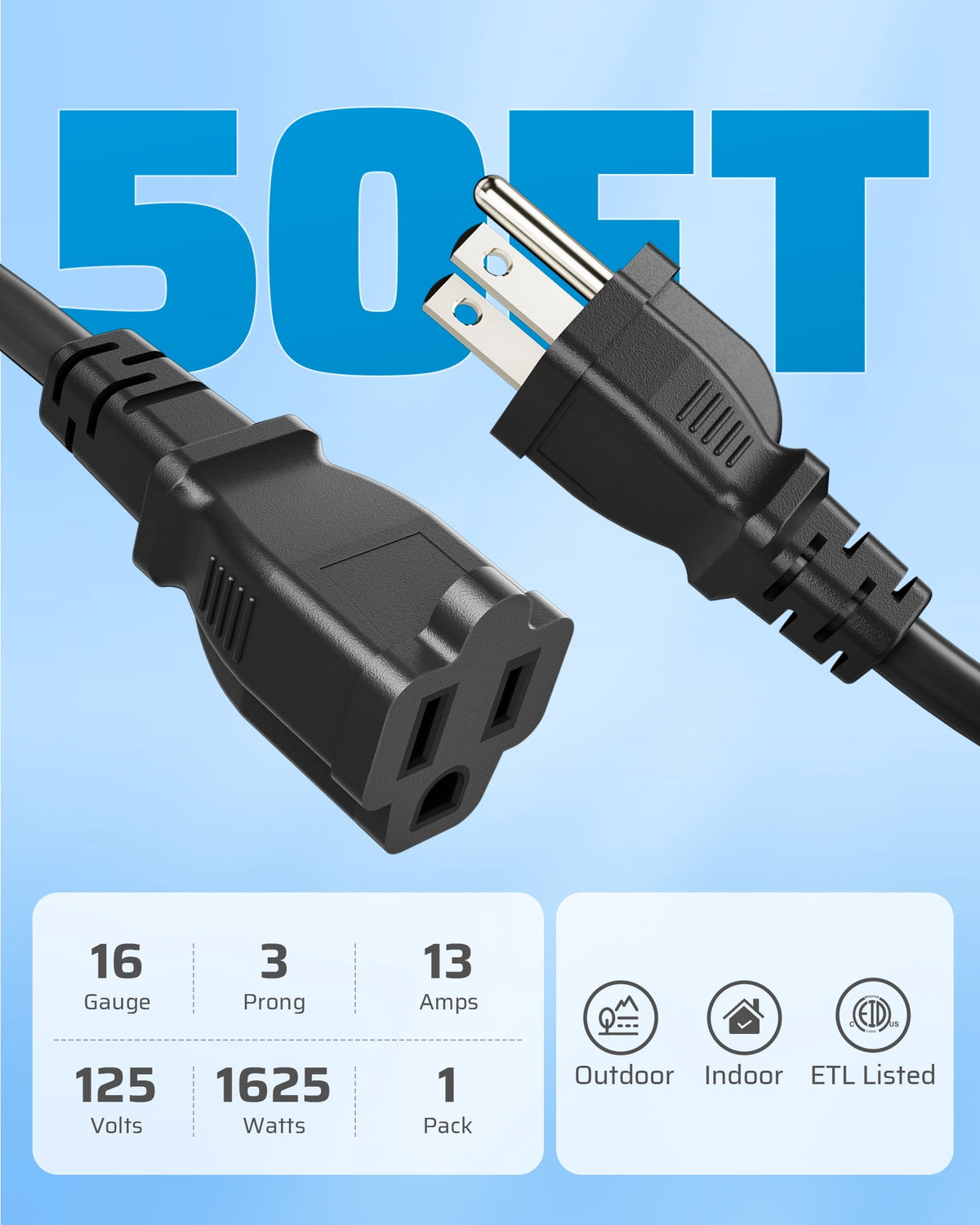 DEWENWILS Extension Cord 50 FT, 3 Prong Extension Cable for Indoor Outdoor, 16/3 SJTW, Black