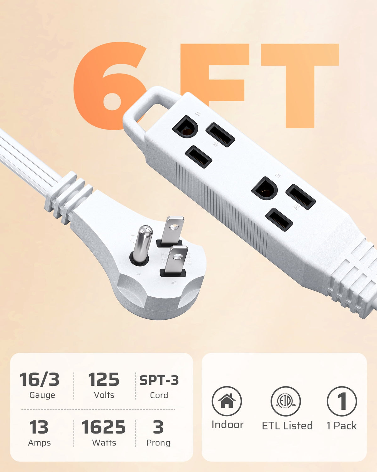 DEWENWILS 6 FT Extension Cords for Indoor Flat Plug with Hanging Hole 3 Grounded Outlets