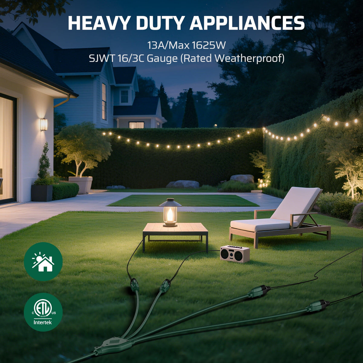 DEWENWILS 34 FT (10+6+6+6+6) Extension Cord for Outside Christmas Lights, 4 Outlets with Safety Cover 16 AWG SJTW 3 Prong Outdoor Power Cable