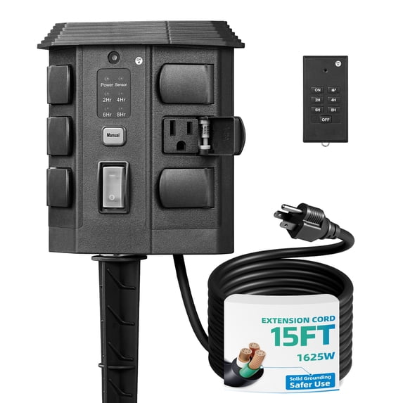 DEWENWILS Outdoor Power Stake Timer with Remote 15FT Extension Cord Waterproof Photocell for Lights Yard Garden