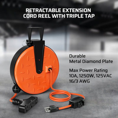 DEWENWILS 30FT Extension Cord Reel, 16/3 Gauge SJTW Power Cord, Retractable Cord Reel with 3 Outlets, Ceiling/Wall Mount for Garage, Workshop, 10A Circuit Breaker, Metal Plate, UL Listed, Blue