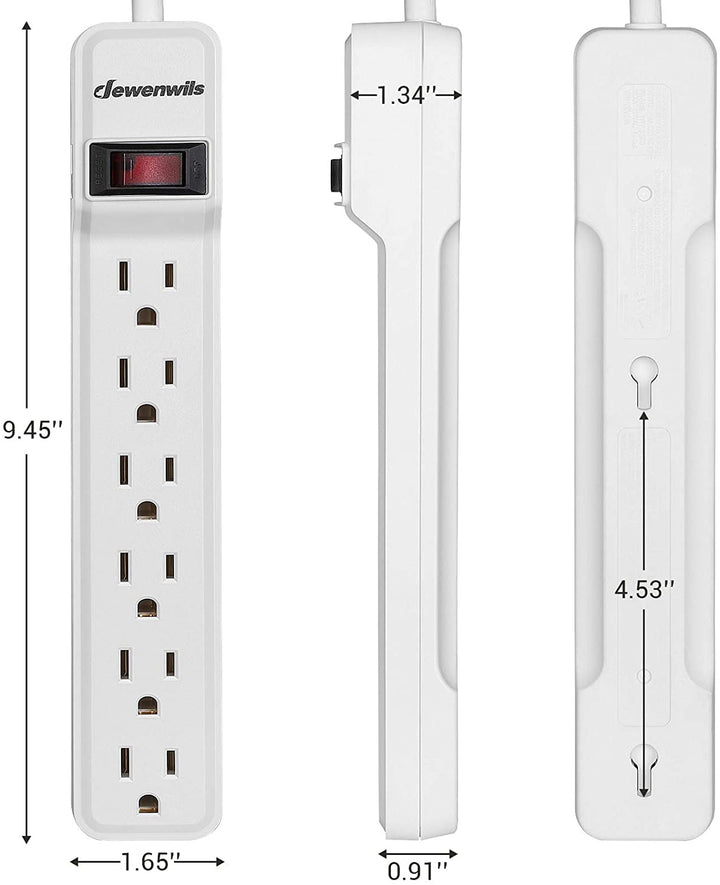 DEWENWILS 6-Outlet Surge Protector Power Strip with 10ft Long Extension Cord, Low Profile Flat Plug, 500 J, White