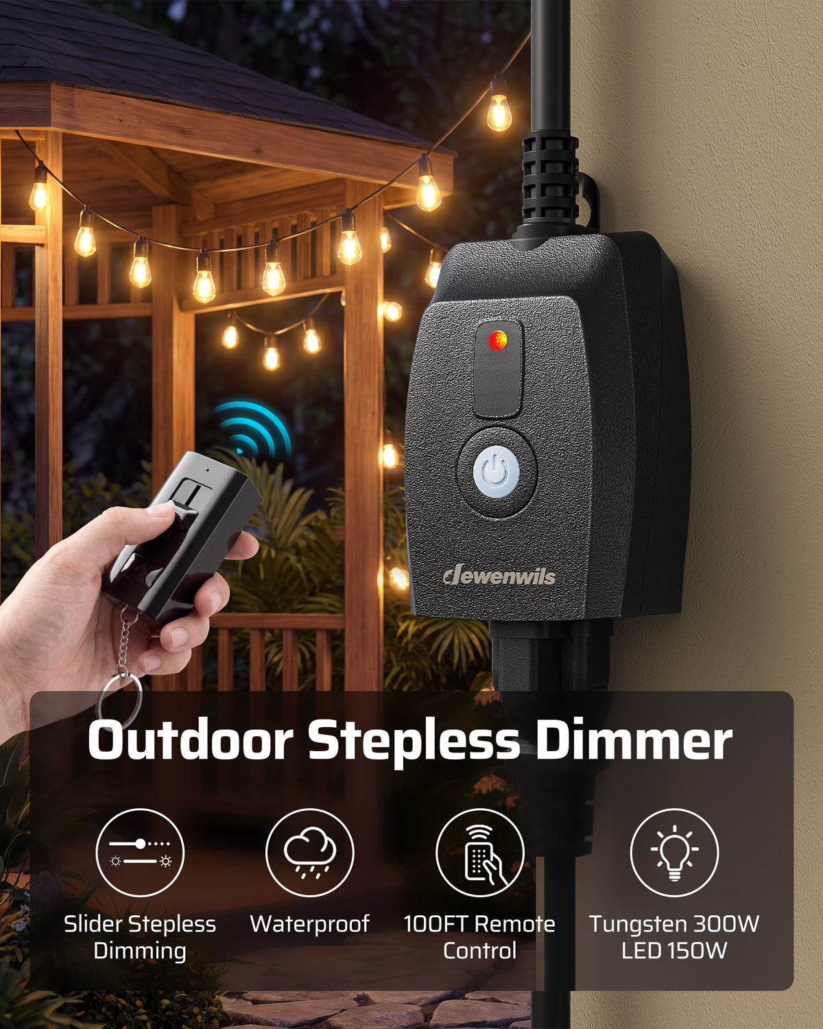 DEWENWILS Outdoor Dimmer Switch for Lights with 100ft Range Stepless Slide Switch Remote Control Dimming Plug