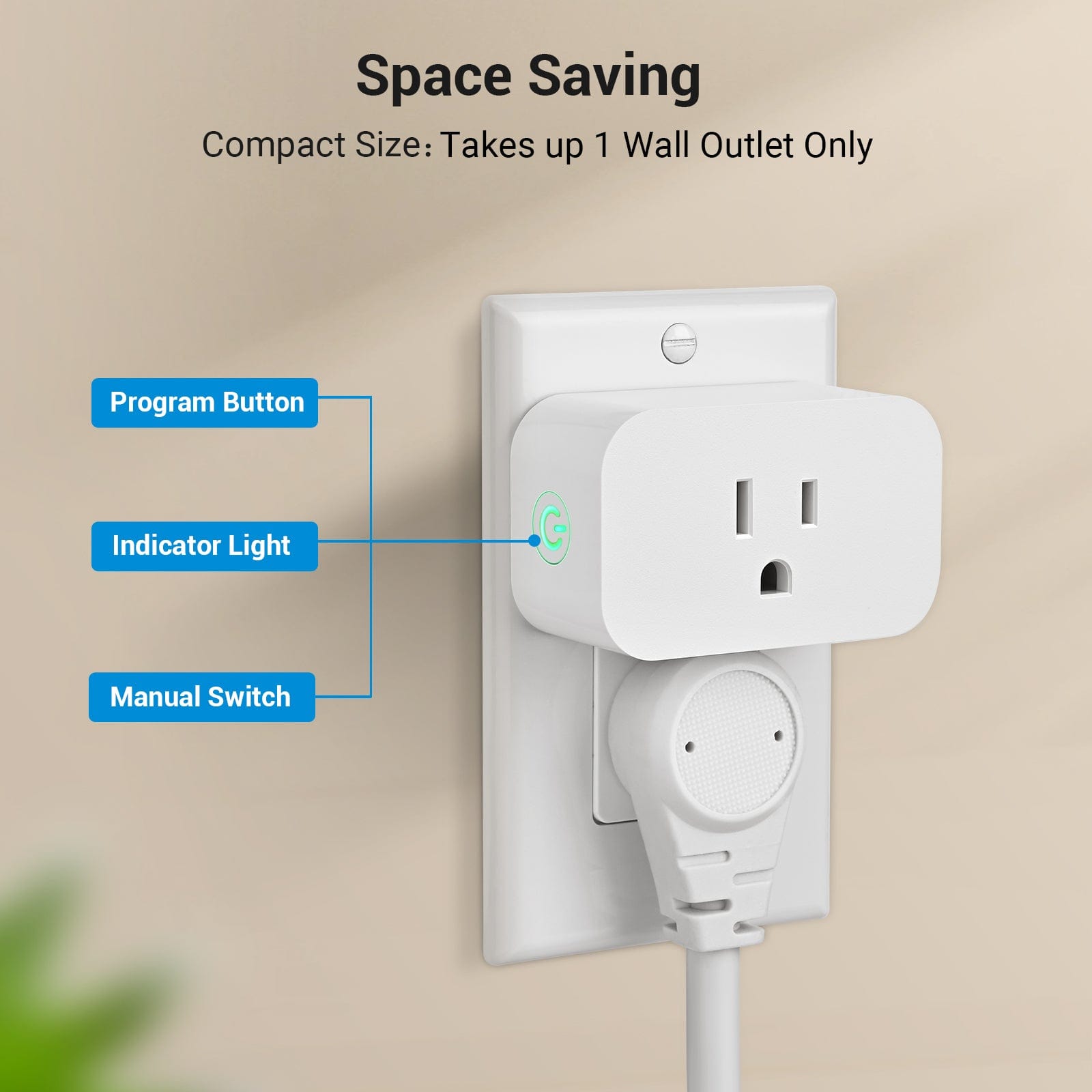 Remote Control Outlet: Simple installation with detachable remote, includes CR2032 battery with insulation tab and 4 screws for easy setup and flexible mounting options
