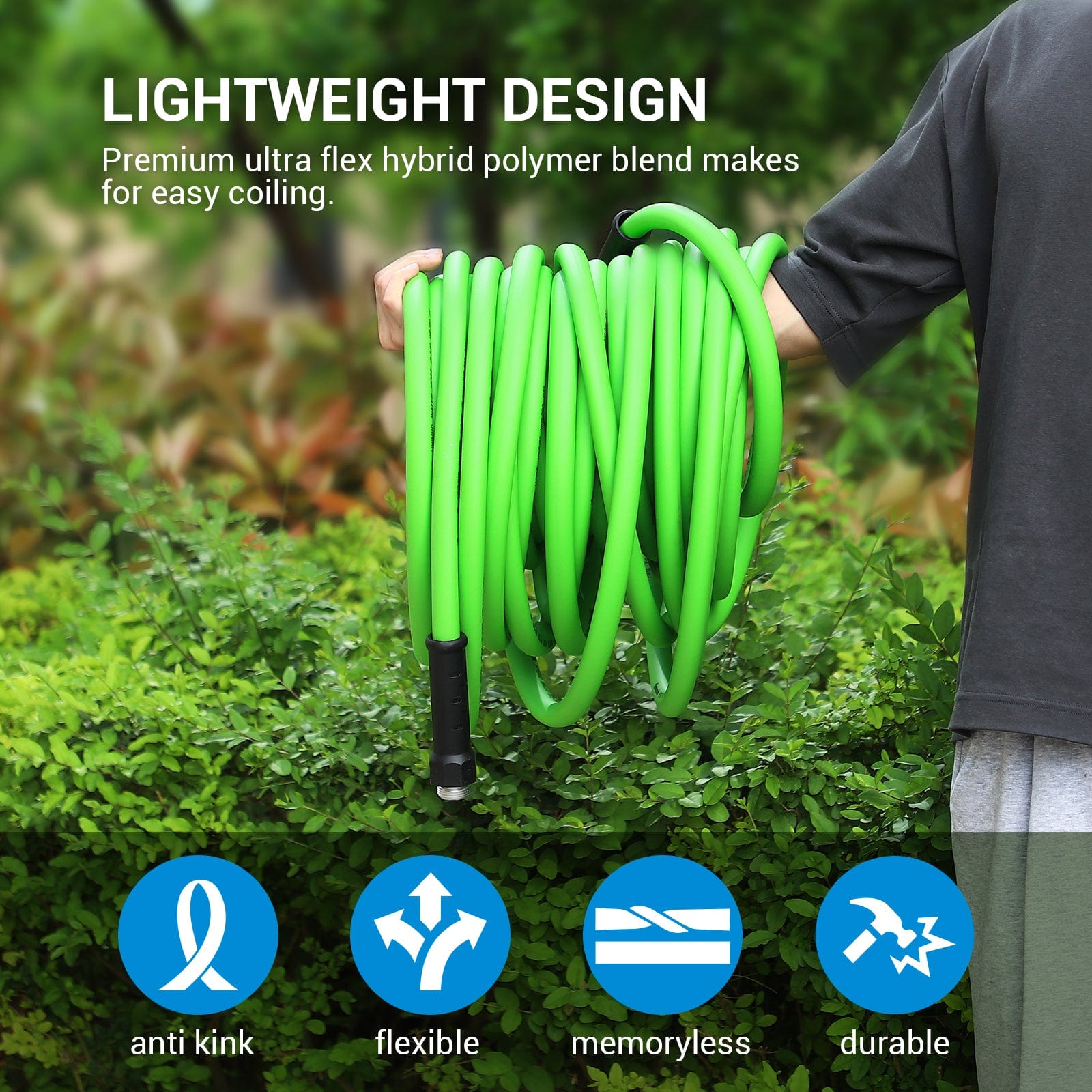 75ft Garden Hose: lightweight, anti-kink, flexible, memoryless, and durable with premium hybrid polymer for easy coiling