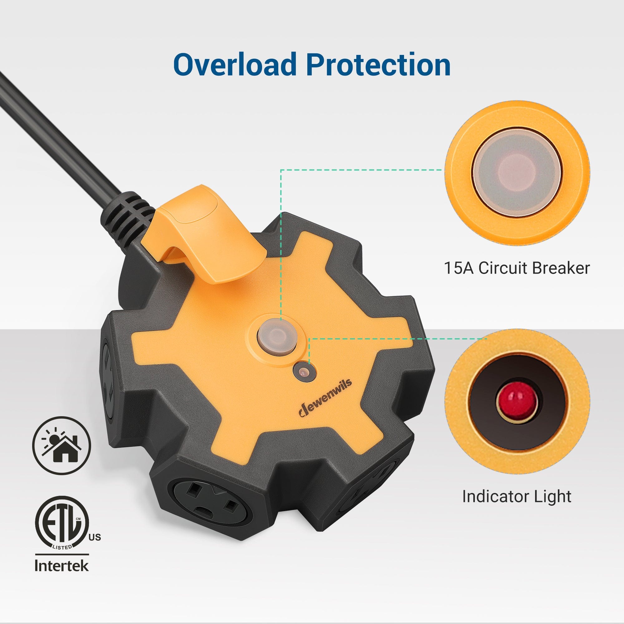 DEWENWILS 5-Outlet Power Strip with 6ft Heavy Duty Extension Cord, 14 Gauge SJTW for Indoor Outdoor, 15AMP Overload Protection, Swivel Safety Covers-HOU506B