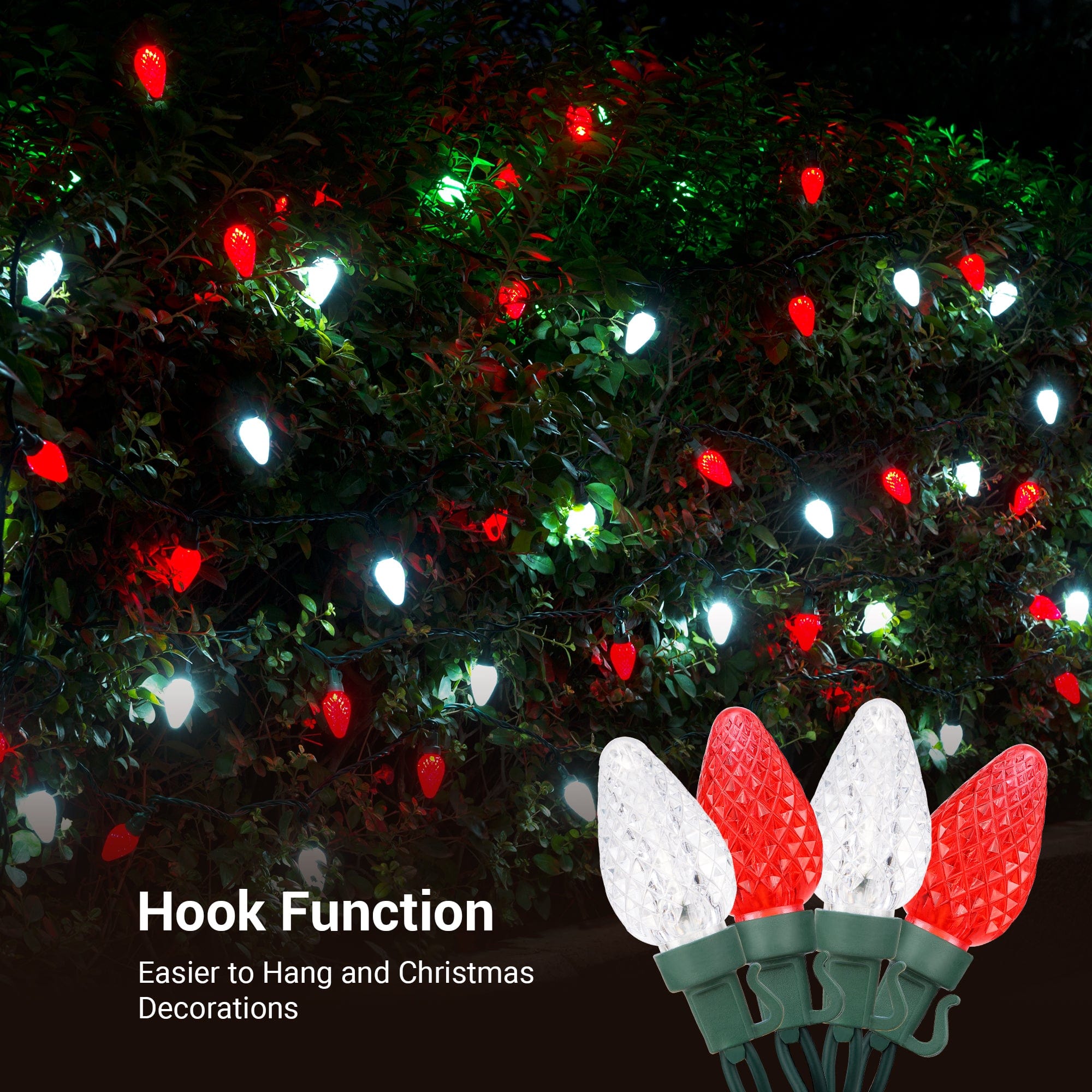 DEWENWILS C7 LED Christmas Lights Outdoor, 33.3ft 50LED Christmas String Lights, Outdoor Decorations for Christmas Tree, Patio, Garden, Yard, Green Wire, Red & White-HCSL01W