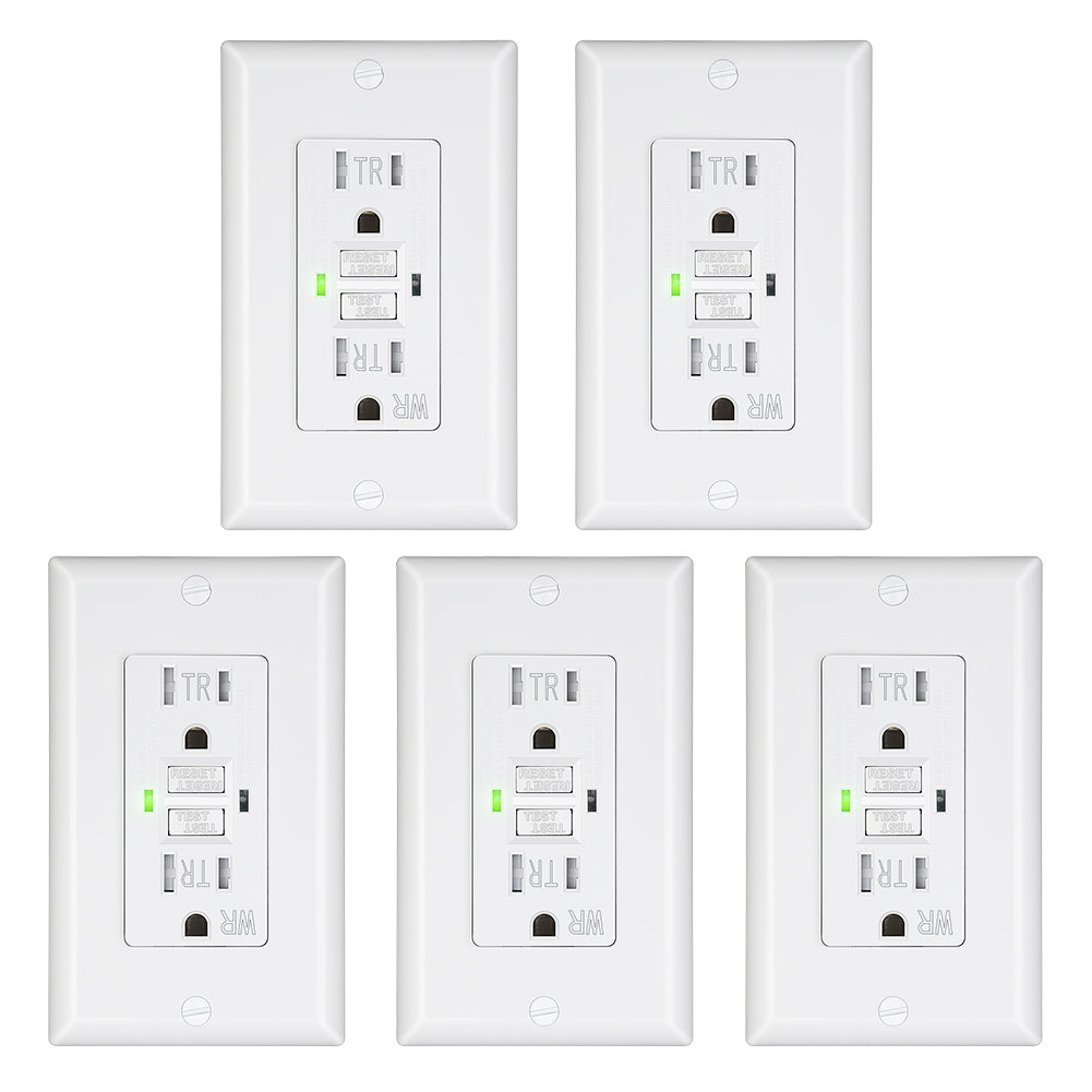 DEWENWILS 5-Pack GFCI Outlet 15Amp, Outdoor Weather-Resistant(WR), Tamper-Resistant(TR), Gfi Self-Test, LED Indicator, Wallplate Included with Thinner Design, White-HGFB15D