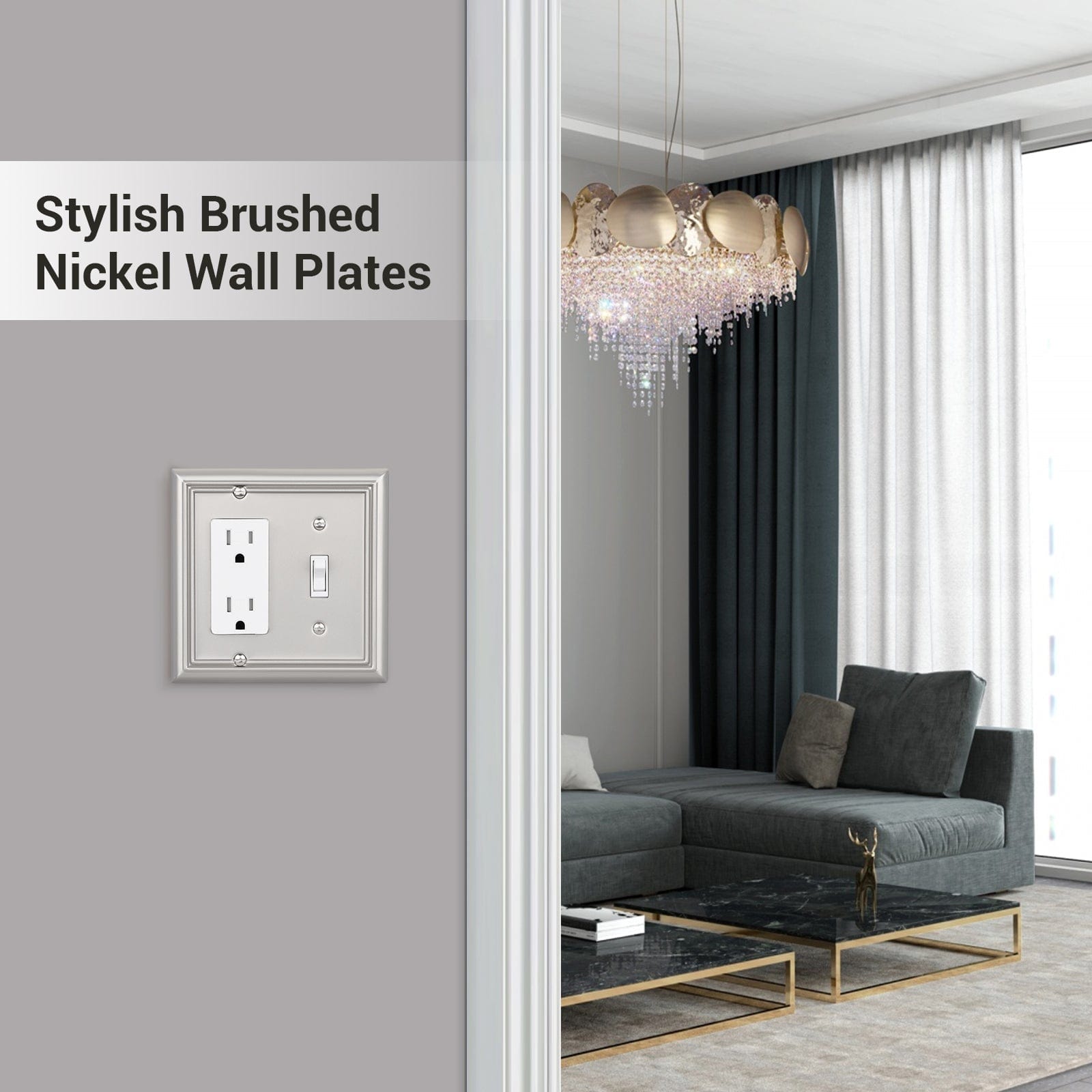 DEWENWILS 2-Pack Combo Toggle/Decorator Wall plates, Brushed Nickel Double Outlet Covers-HTRP22A