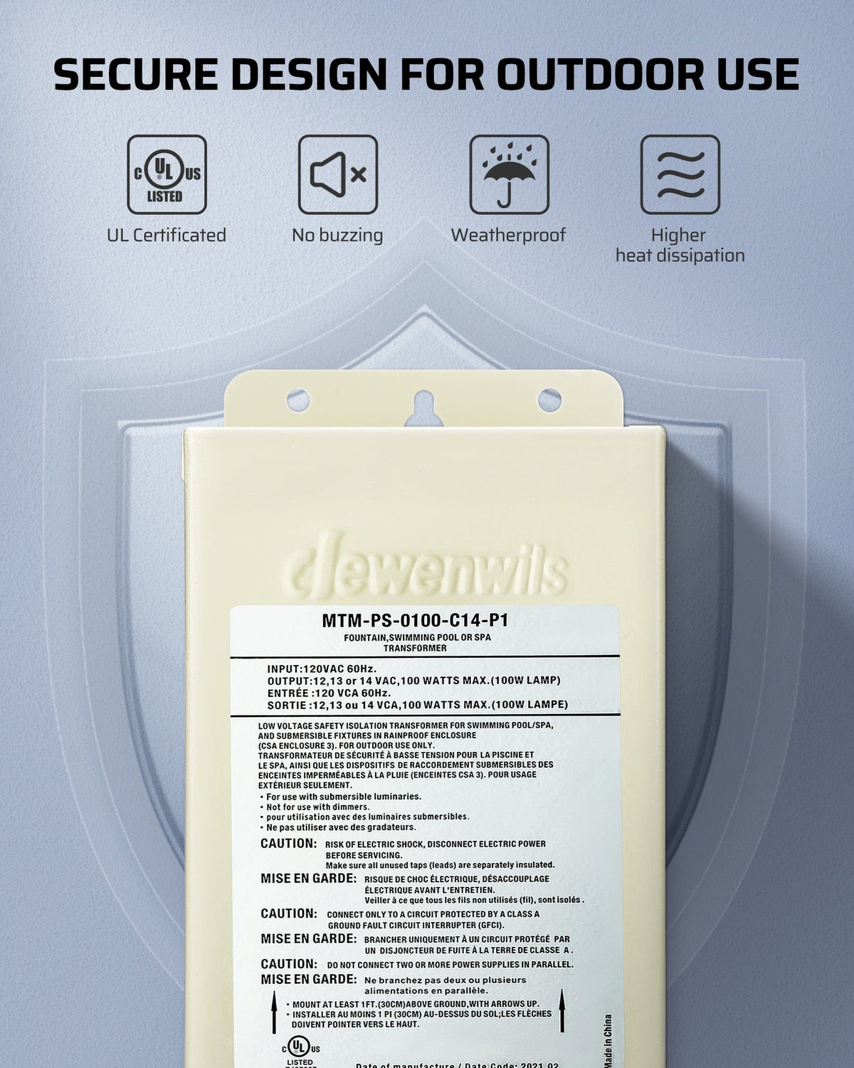 DEWENWILS 100W Low Voltage Transformer features a secure, UL-certified, weatherproof design with no buzzing and high heat dissipation for reliable outdoor use.