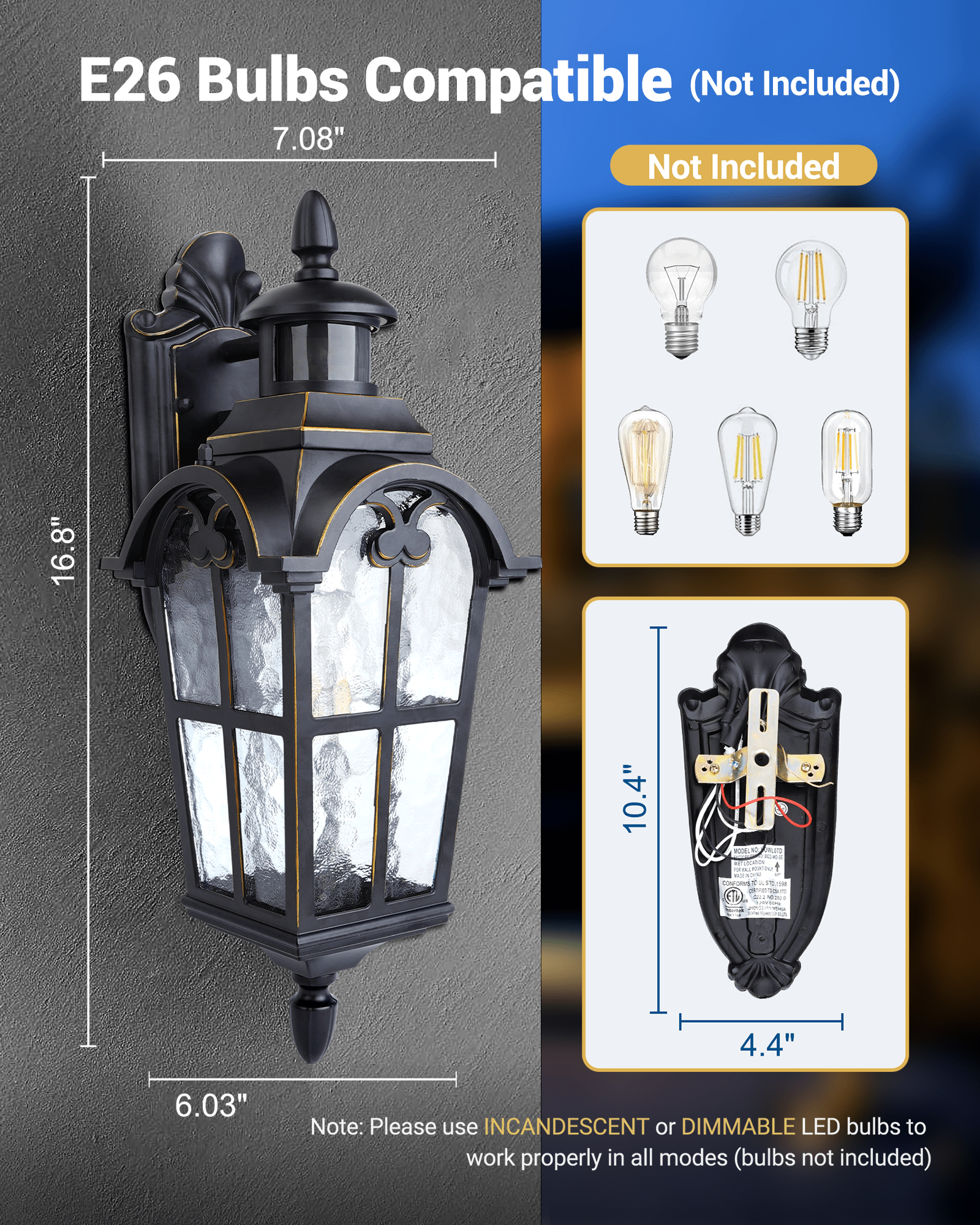 DEWENWILS Motion Sensor Outdoor Wall Lights, 2-Pack Dusk to Dawn Exterior Lantern Fixture, Roman Vintage Wall Mount Waterproof Porch Light, Water Ripple Glass, for Front Door Garage Patio-HOWL07D