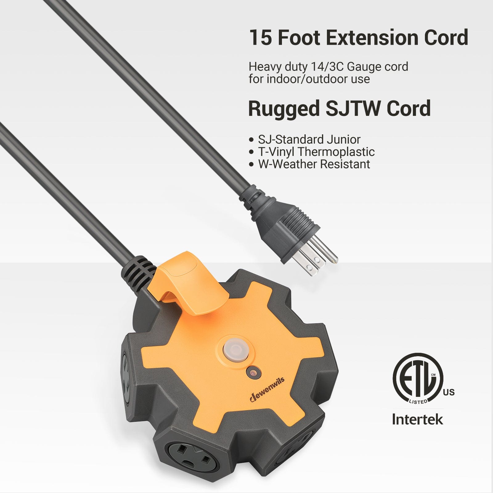 DEWENWILS Industrial Power Strip with 5-Outlet Power Hub, 15ft Heavy Duty Extension Cord for Garage, Workshop, 14/3 AWG SJTW, 15A Circuit Breaker, Swivel Safety Covers-HOU515A1