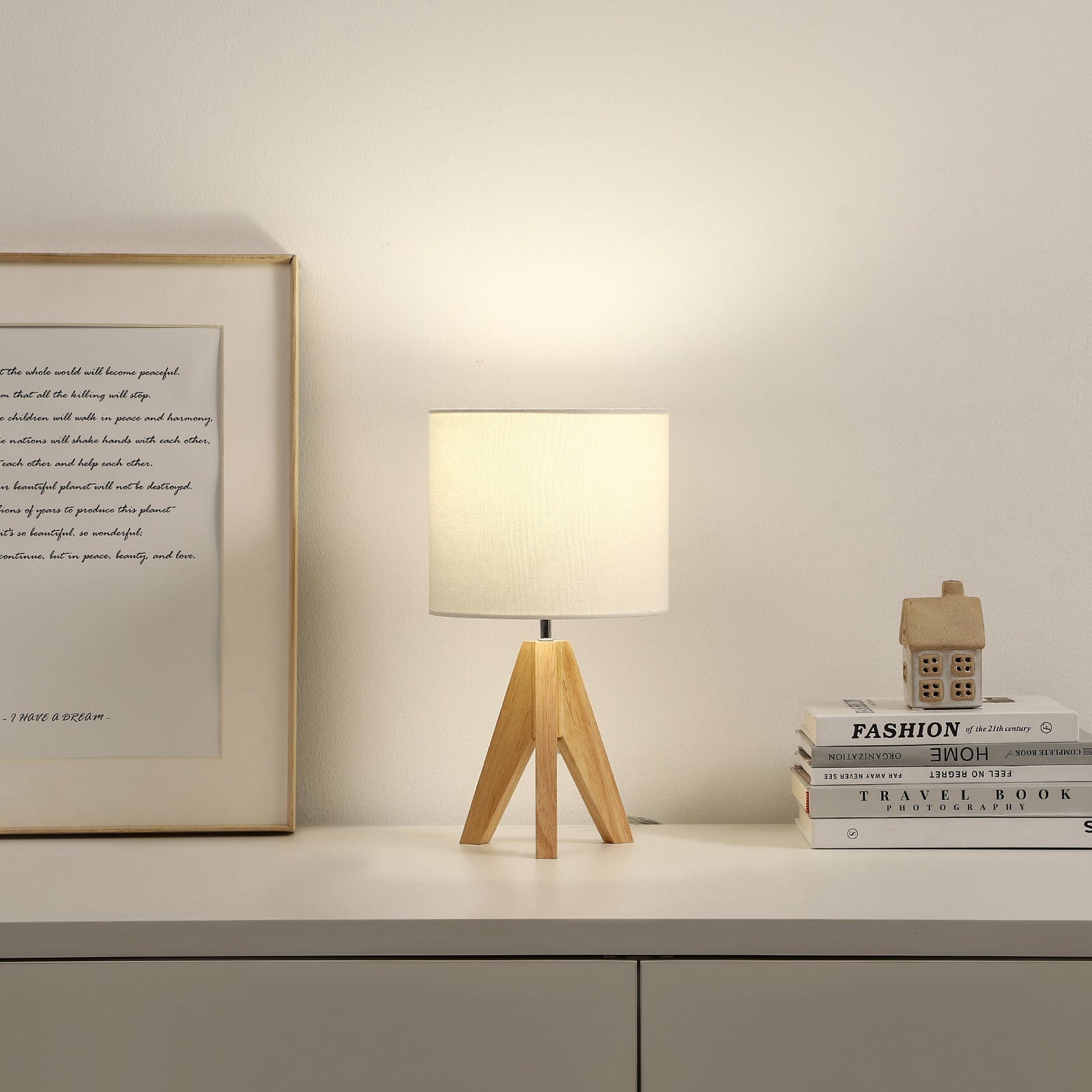 DEWENWILS 14.2 inches Bedside Table Lamp, Wood Tripod Nightstand Lamp with Linen Fabric Shade, Small Bedroom Lamp for Nightstand, Nursery, Kids Room, College Dorm, Coffee Table, Bookcase-F1HLTL05F