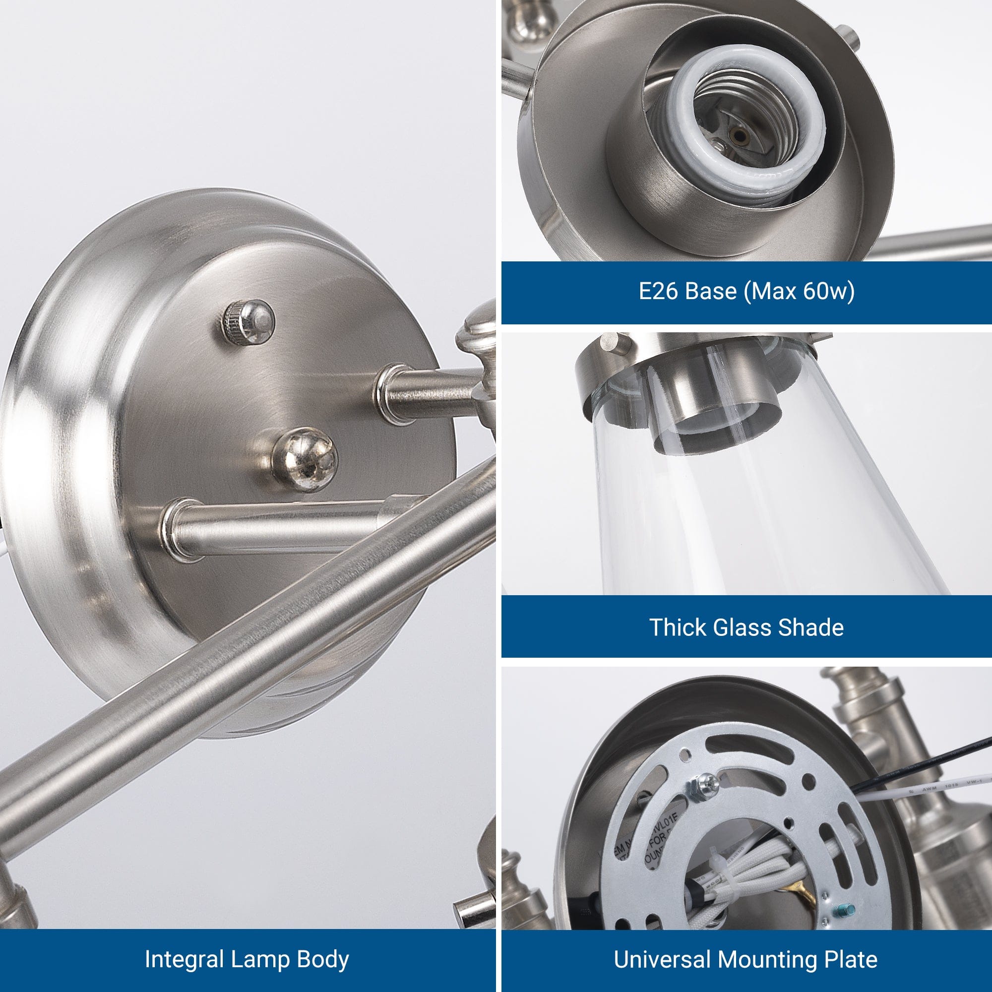 DEWENWILS Bathroom Light Fixtures, 5-Piece All-in-One Bathroom Light Set, 3 Light Brushed Nickel Bathroom Vanity Light with Glass Shades, Towel Bar, Towel Ring, Robe Hook, Toilet Paper Holder-HHVL01E