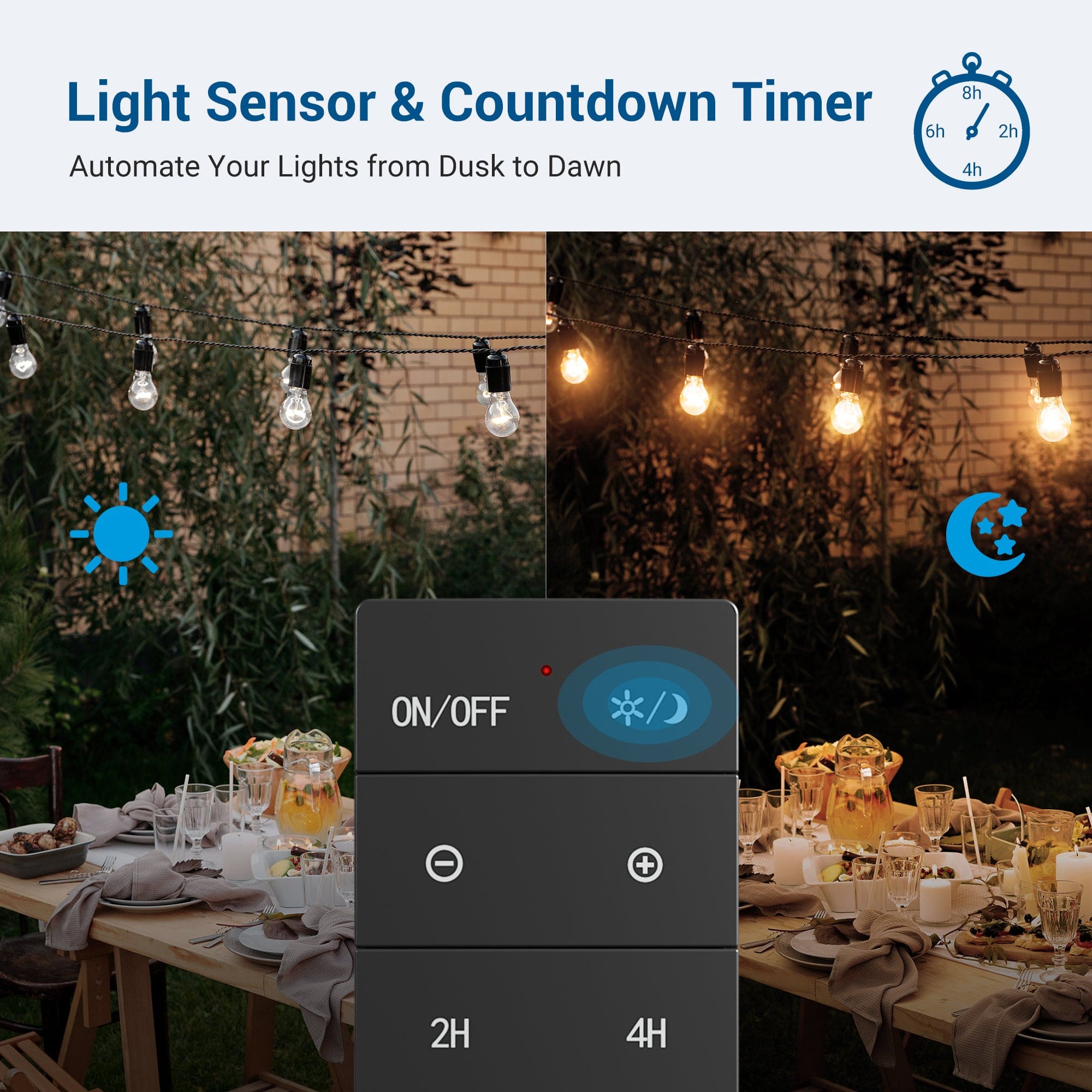 Outdoor dimmer: Features a light sensor and countdown timer to automatically control your lights from dusk to dawn.