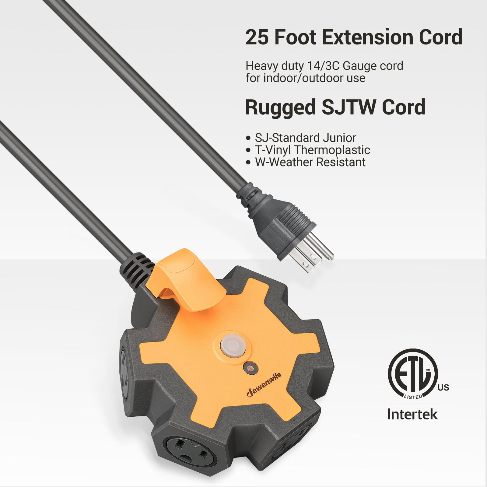 DEWENWILS 5-Outlet Power Strip with 25ft Heavy Duty Extension Cord, 14/3 SJTW for Garage, Workshop, 15A Circuit Breaker, Swivel Safety Covers-HOU525B