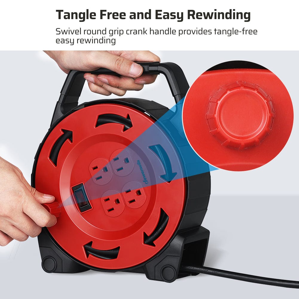 30ft extension cord reel with swivel round grip crank handle for tangle-free, easy rewinding.