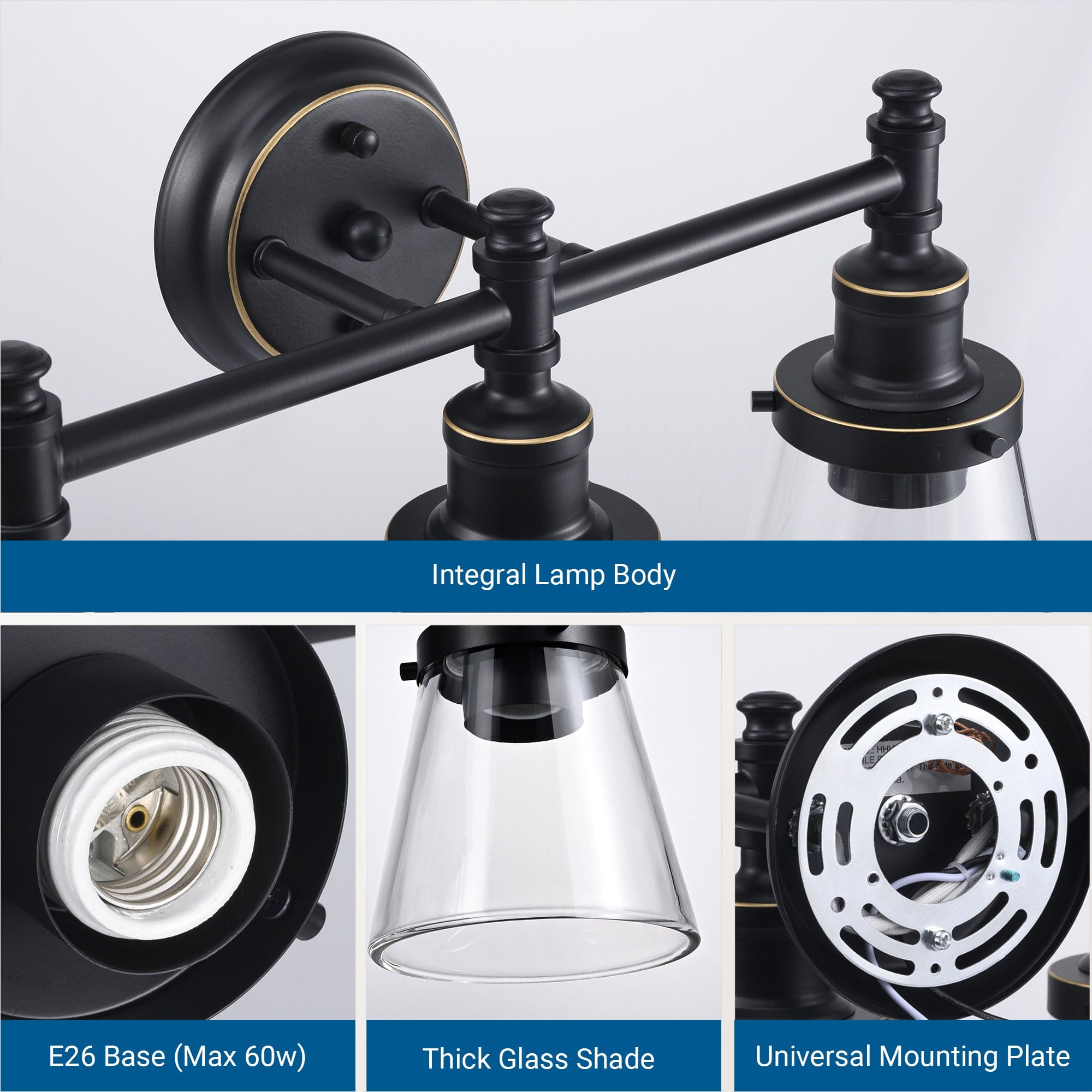 DEWENWILS 3-Light Bathroom Vanity Light Fixtures, 5-Piece All-in-One Bathroom Set, Vanity Lights with Clear Glass Shades, Towel Bar, Towel Ring, Robe Hook, Toilet Paper Holder-HHVL01D