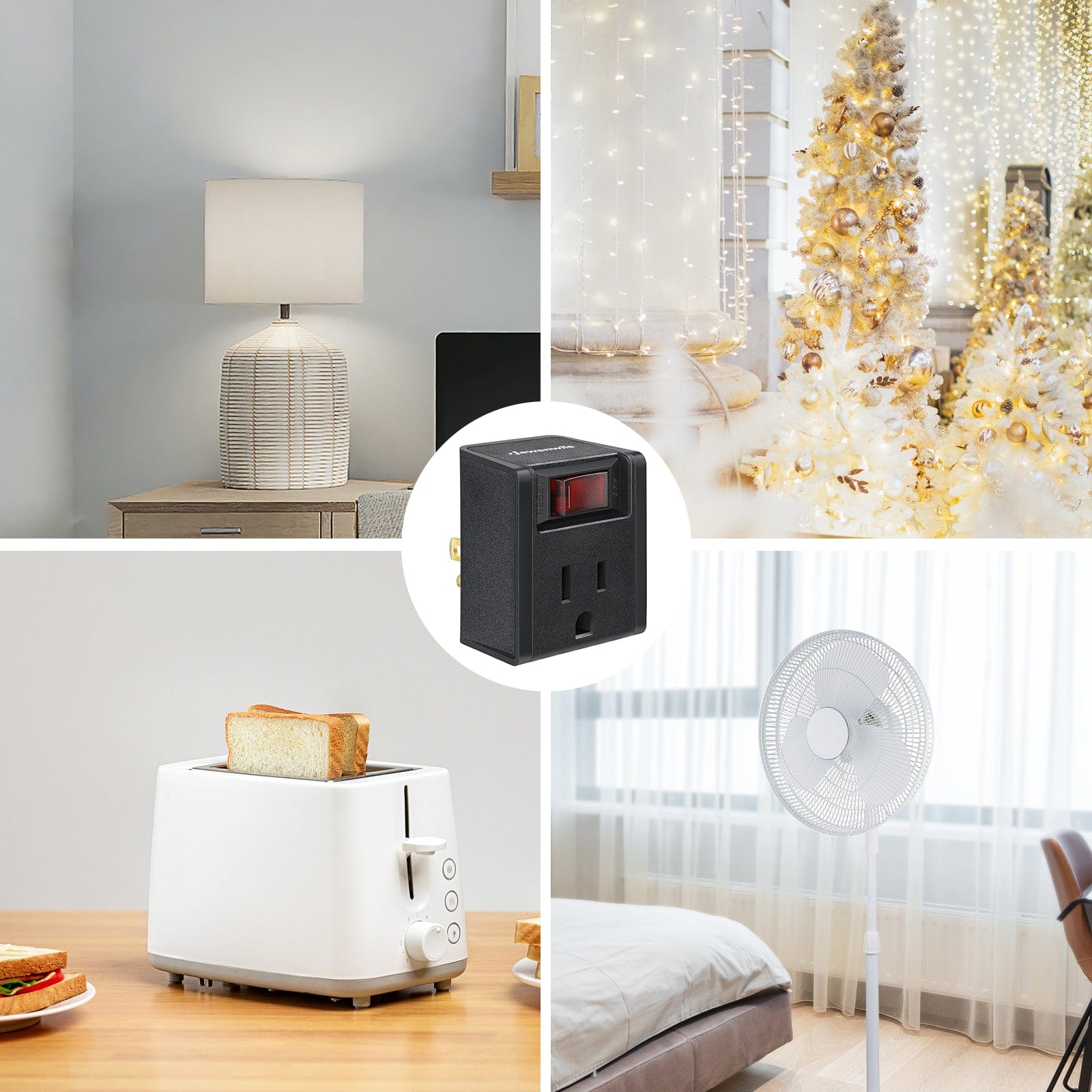 This 3-prong electrical plug outlet switch is suitable for various household devices, such as table lamps, Christmas trees, toasters, electric fans, and more