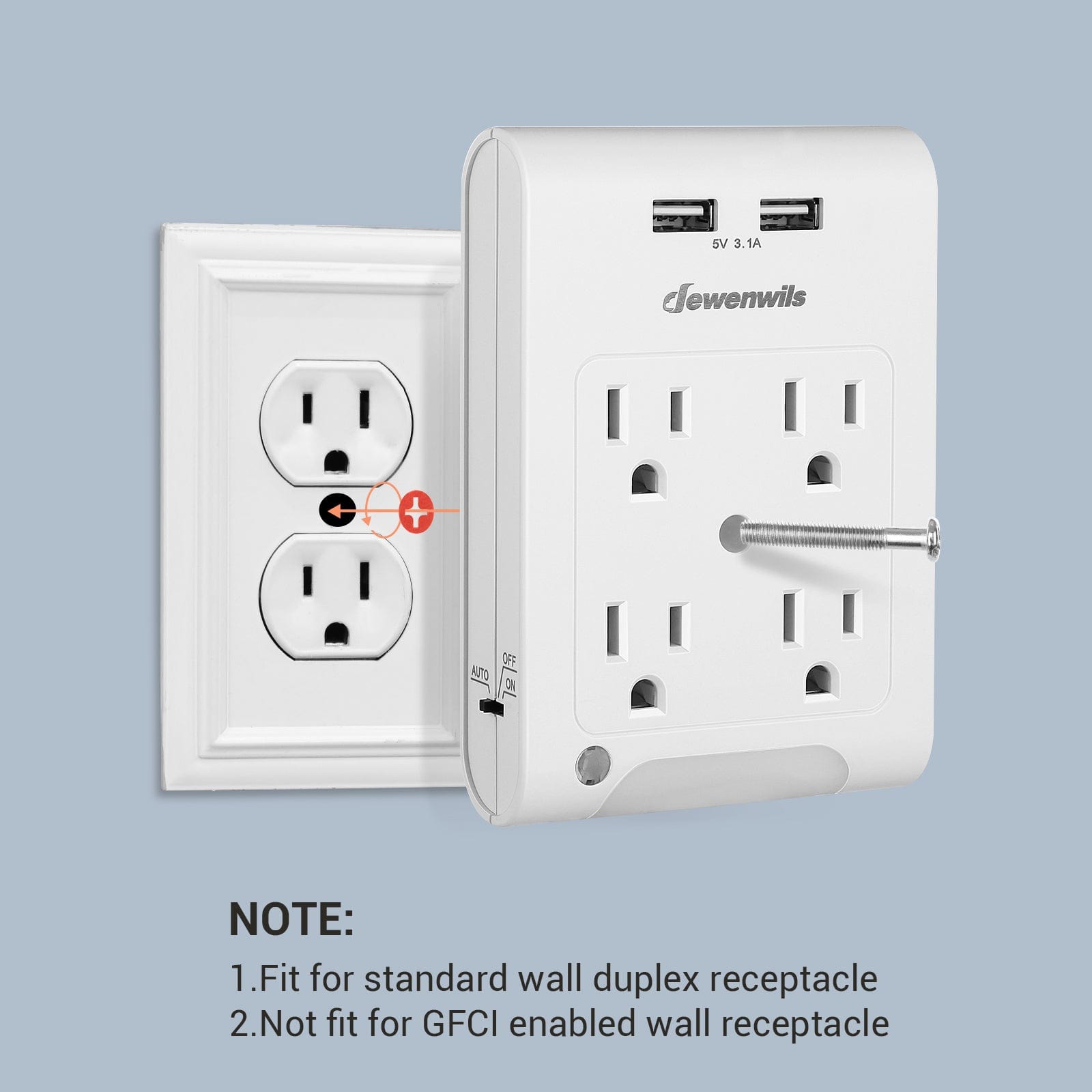DEWENWILS 4-Outlet Extender, Wall Outlet Adapter with 2 USB Ports (3.1A Total), Light Sensor Night Light, 1080 Joules Surge Protector-HOU402C