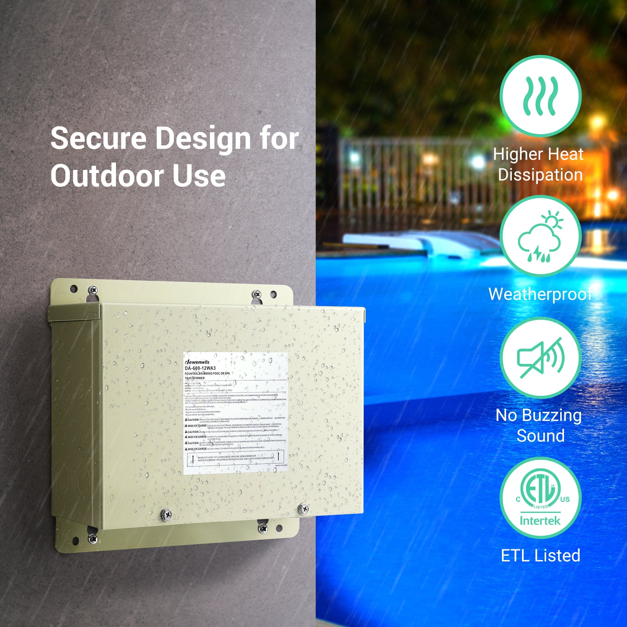DEWENWILS 600W Low Voltage Transformer with secure outdoor design, high heat dissipation, weatherproof, and ETL listed by Intertek
