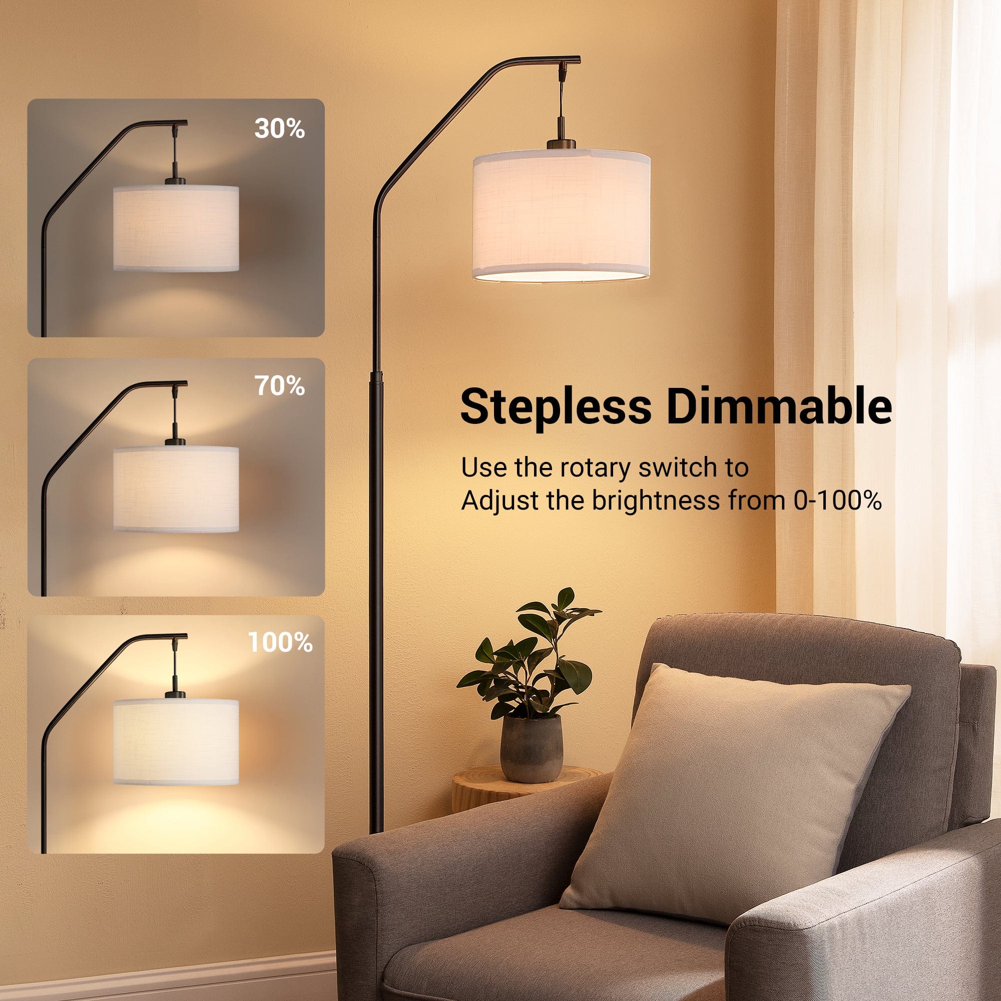 DEWENWILS Black Arched Floor Lamp, Stepless Dimmable Corner Light with Hanging Lampshade, Standing Tall Arc Lamp for Living Room, Bedroom, Office, 10W 3000K LED Bulb Included (Black)-HLFL04D1