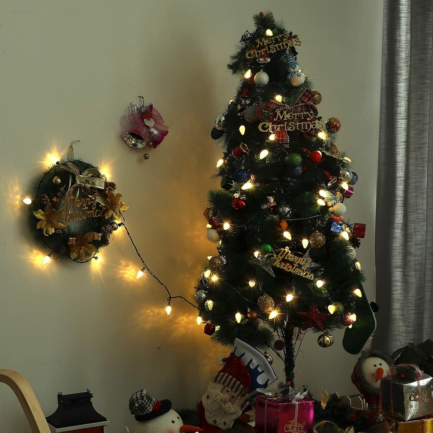 DEWENWILS C7 LED Christmas Lights Outdoor, 33.3ft 50 LED Warm White String Lights, Outdoor Decorations for Christmas Tree, Patio, Garden, Yard, Green Wire-HCSL02C